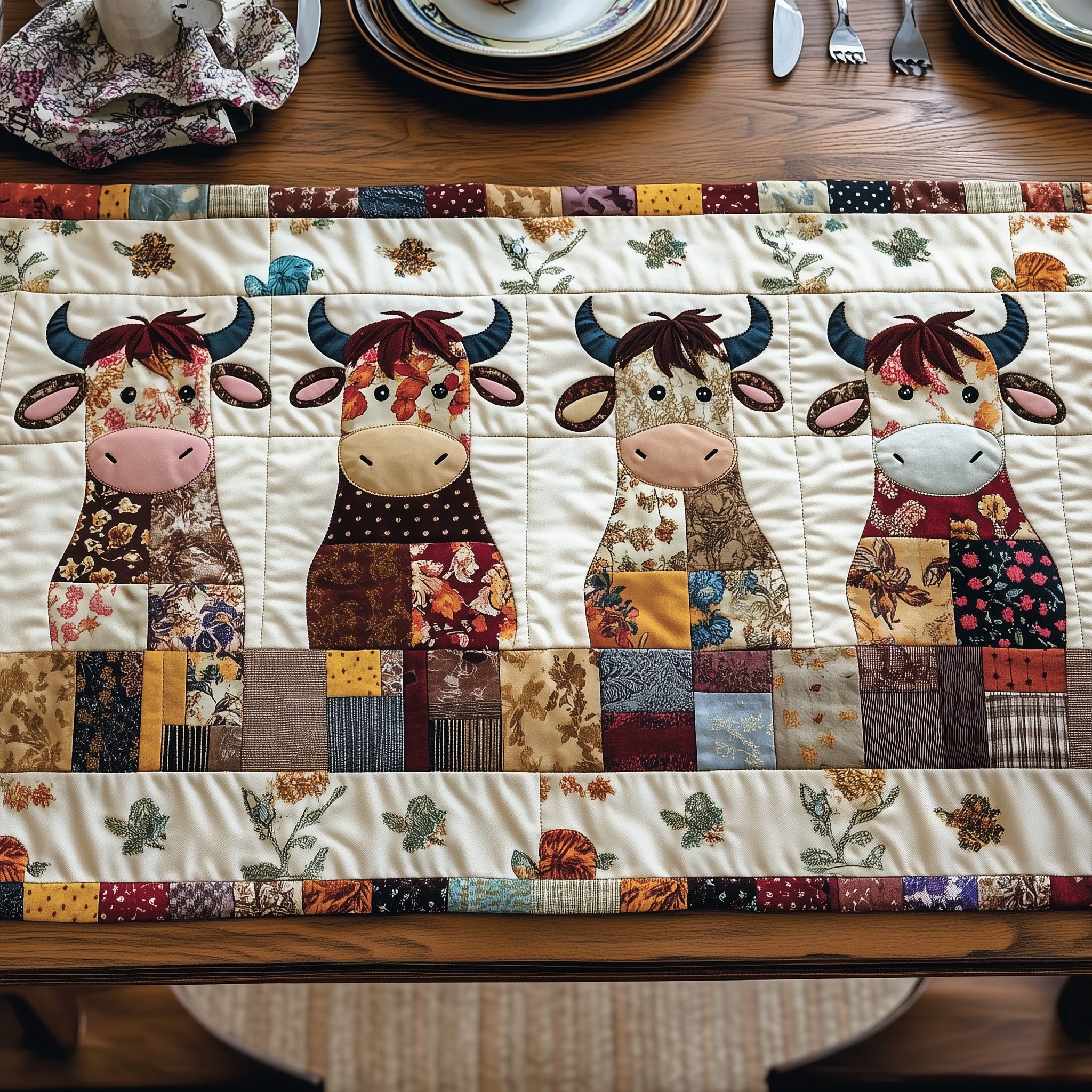Patchwork Cows Quilted Table Runner Holiday Banquet Table Runner
