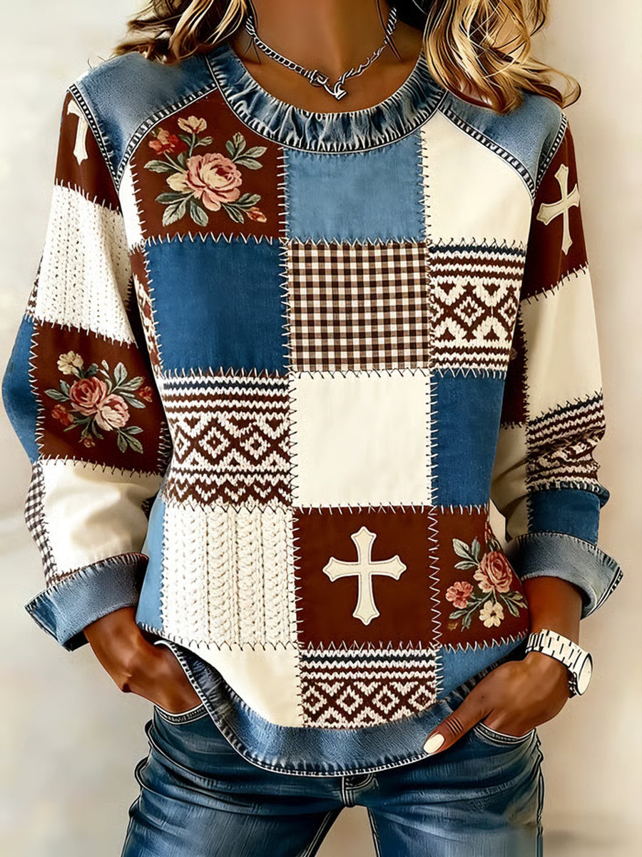 Patchwork Cross Long Sleeve Shirt Religious Christian Apparel Gift For Wife
