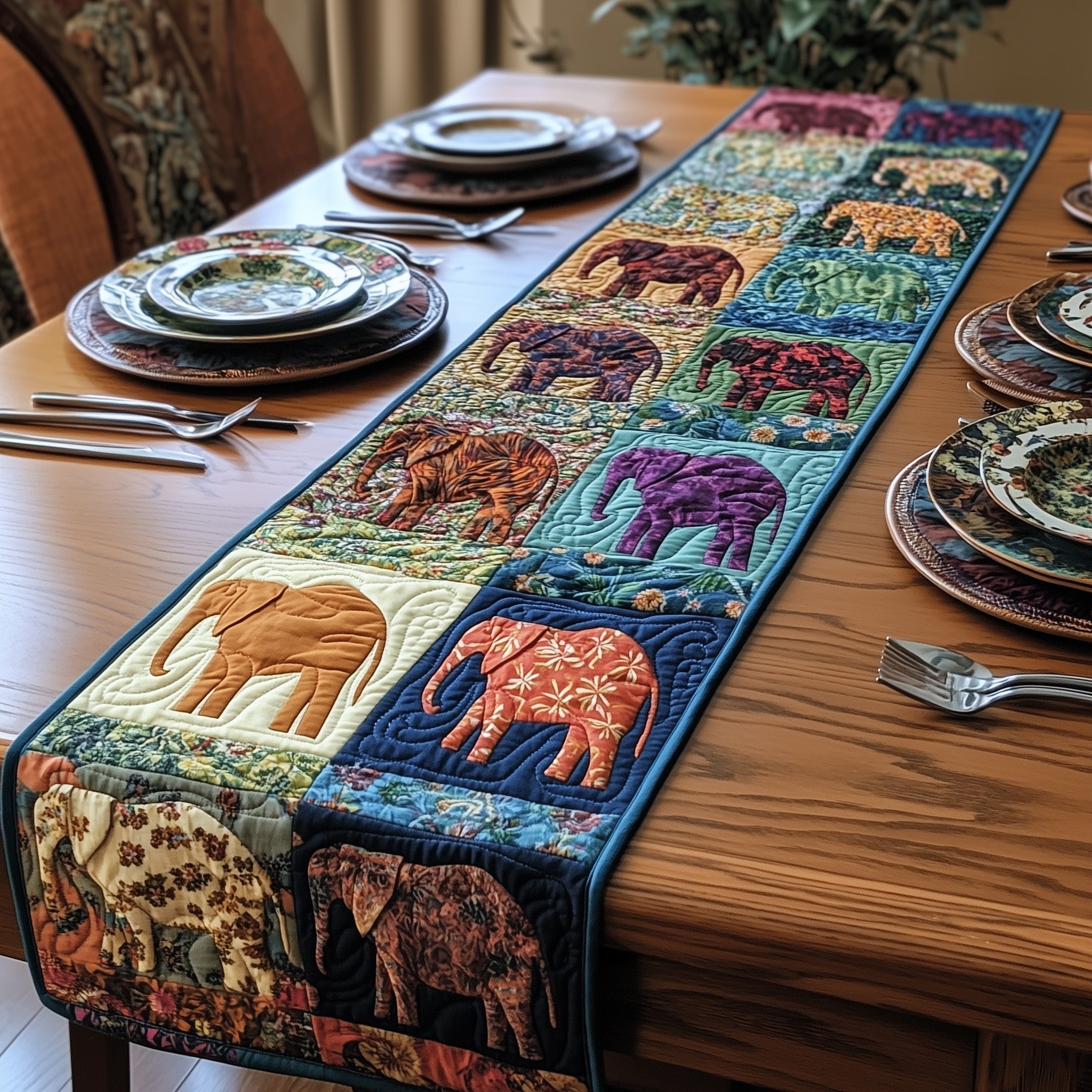 Patchwork Elephant Parade Quilted Table Runner Christmas Table Runner for Family Meals