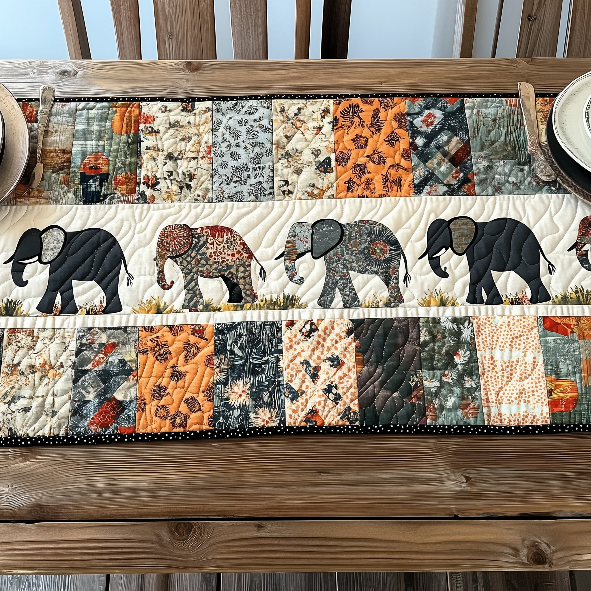 Patchwork Elephant Parade Quilted Table Runner Holiday Table Runner for Kitchen Decor