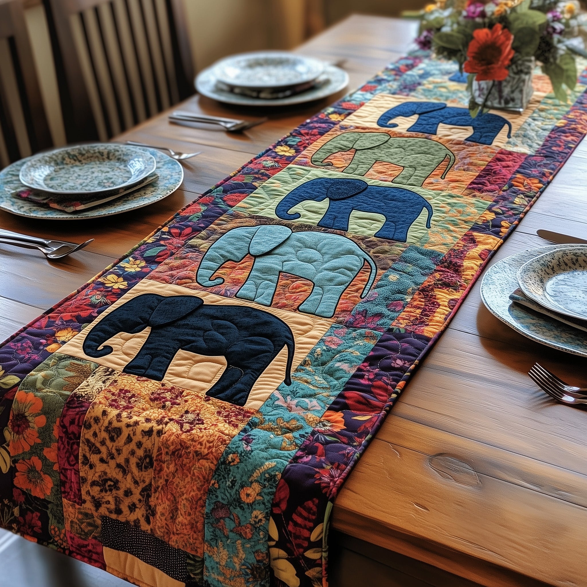 Patchwork Elephant Parade Quilted Table Runner Winter Holiday Table Runner Decor