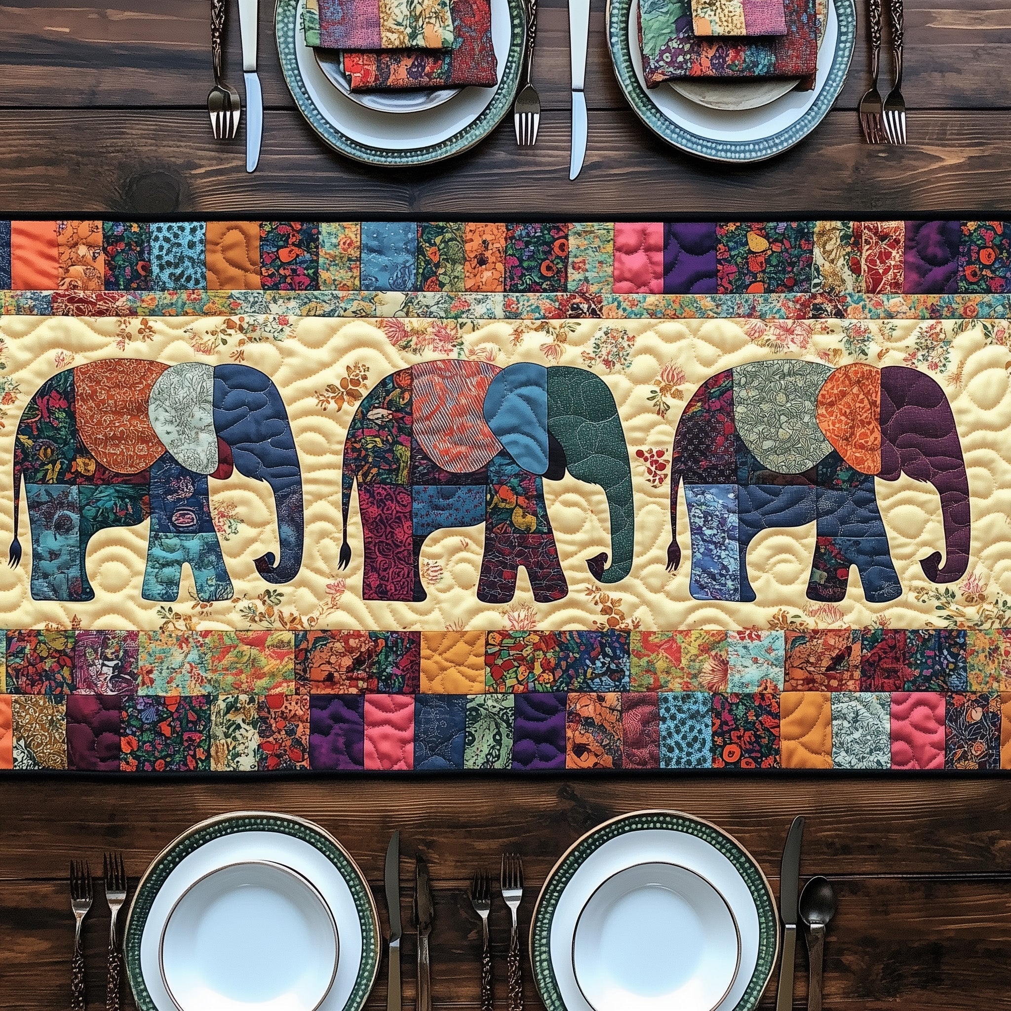 Patchwork Elephant Spirit Quilted Table Runner Special Occasion Table Runner Gift
