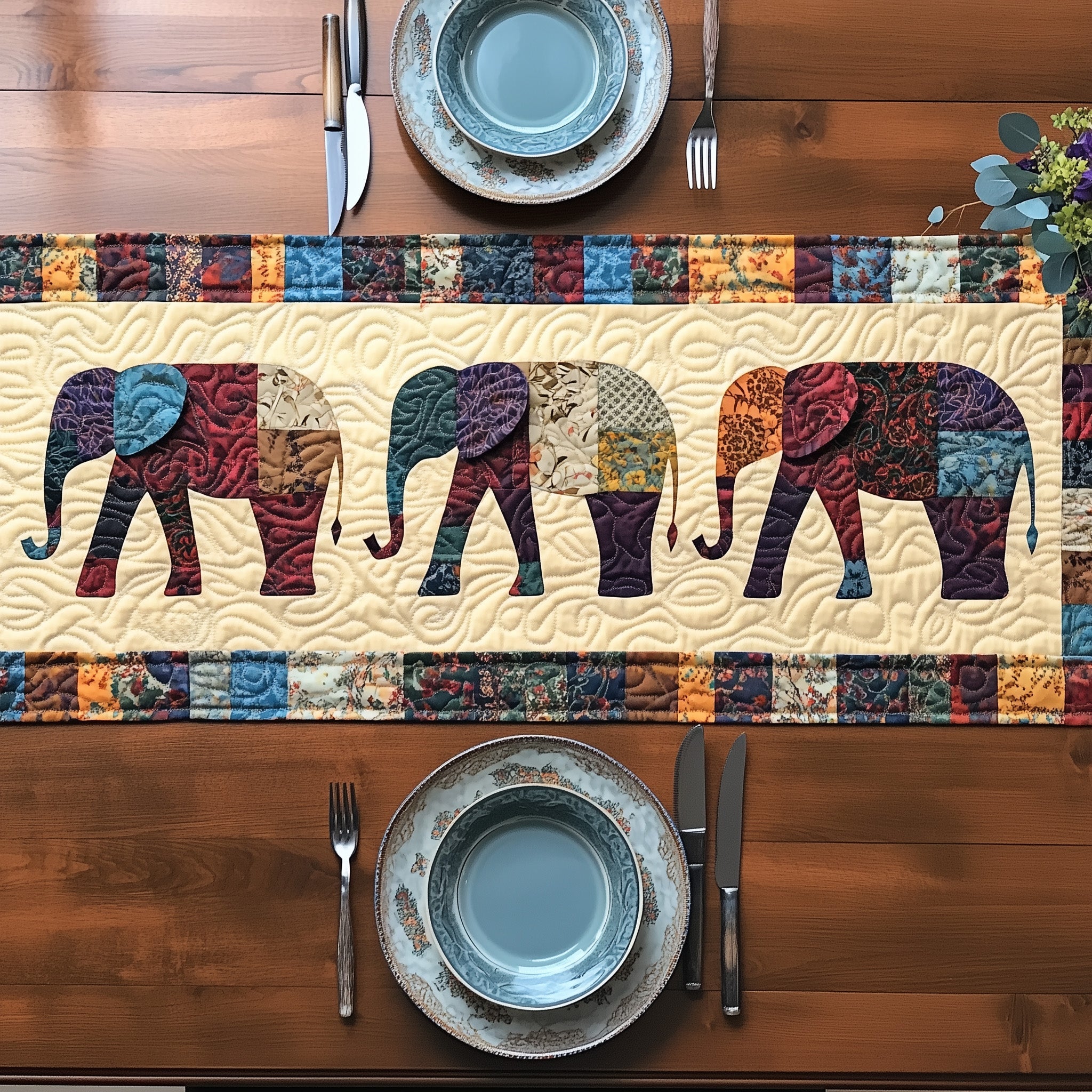Patchwork Elephant Spirit Quilted Table Runner Table Runner Gift for Holiday Season