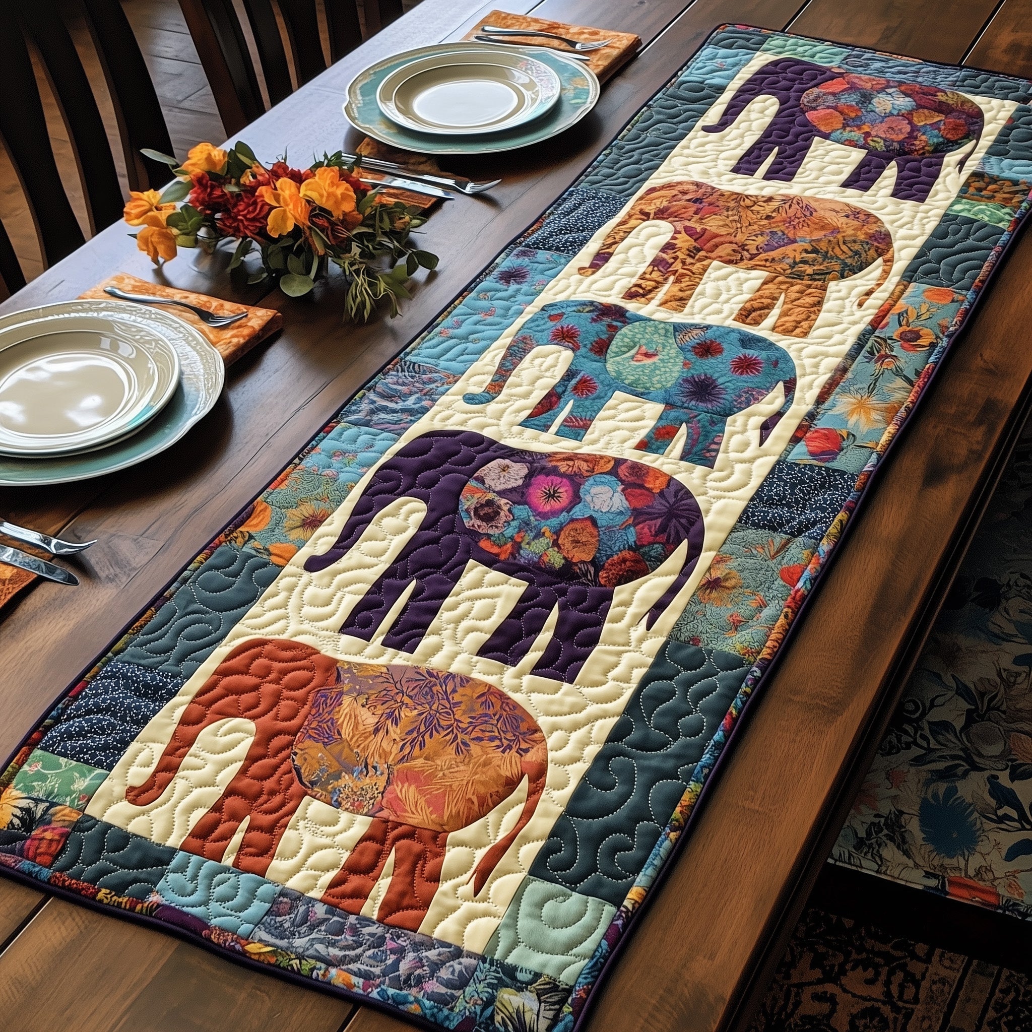 Patchwork Elephants Dream Quilted Table Runner Christmas Dining Table Runner