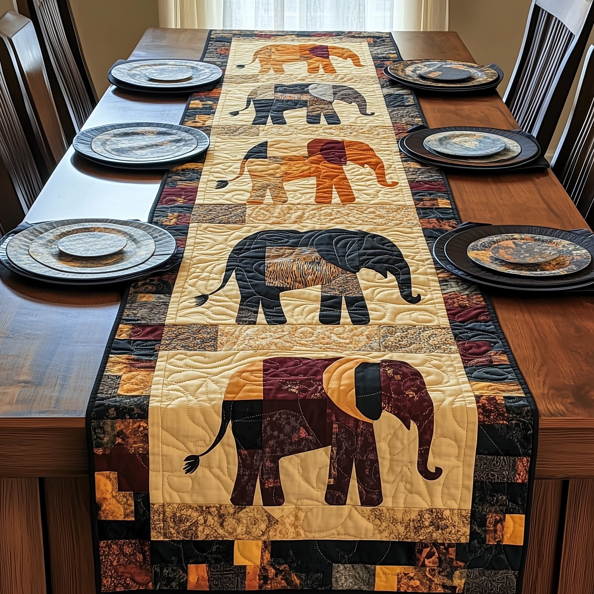 Patchwork Elephants Dream Quilted Table Runner Festive Christmas Dining Room Table Runner