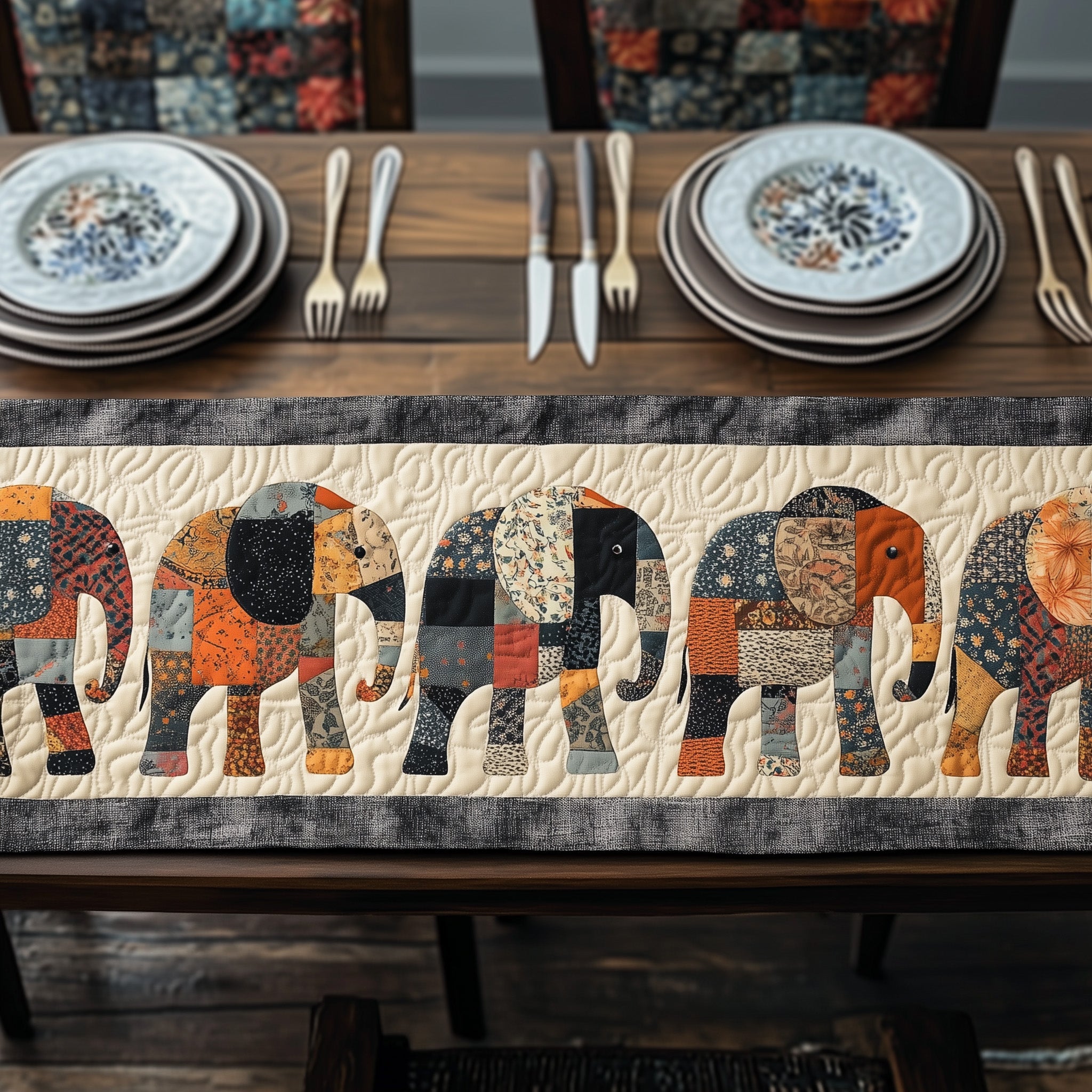 Patchwork Elephants Dream Quilted Table Runner Holiday Party Table Runner
