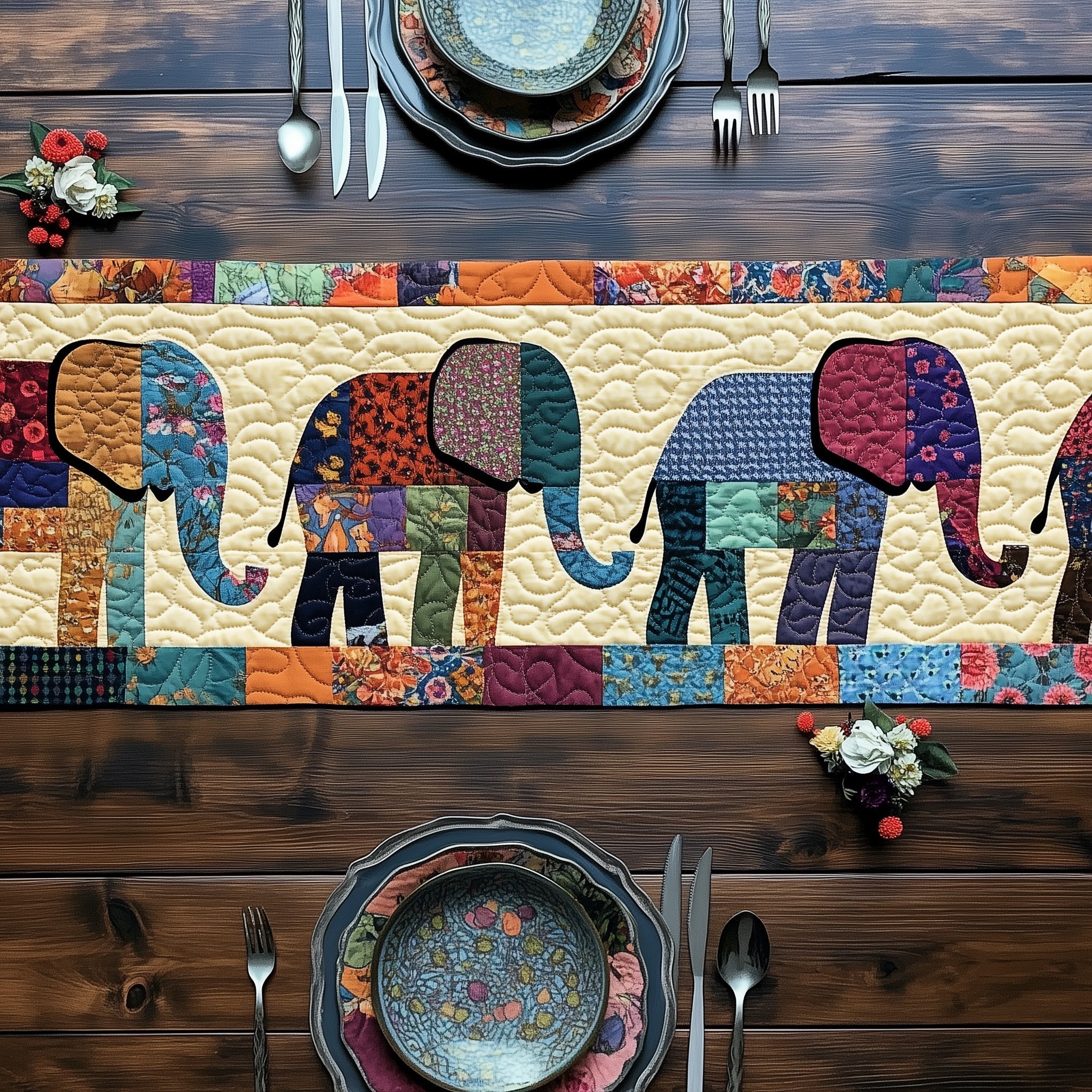 Patchwork Elephants Dream Quilted Table Runner Seasonal Table Runner for Holidays