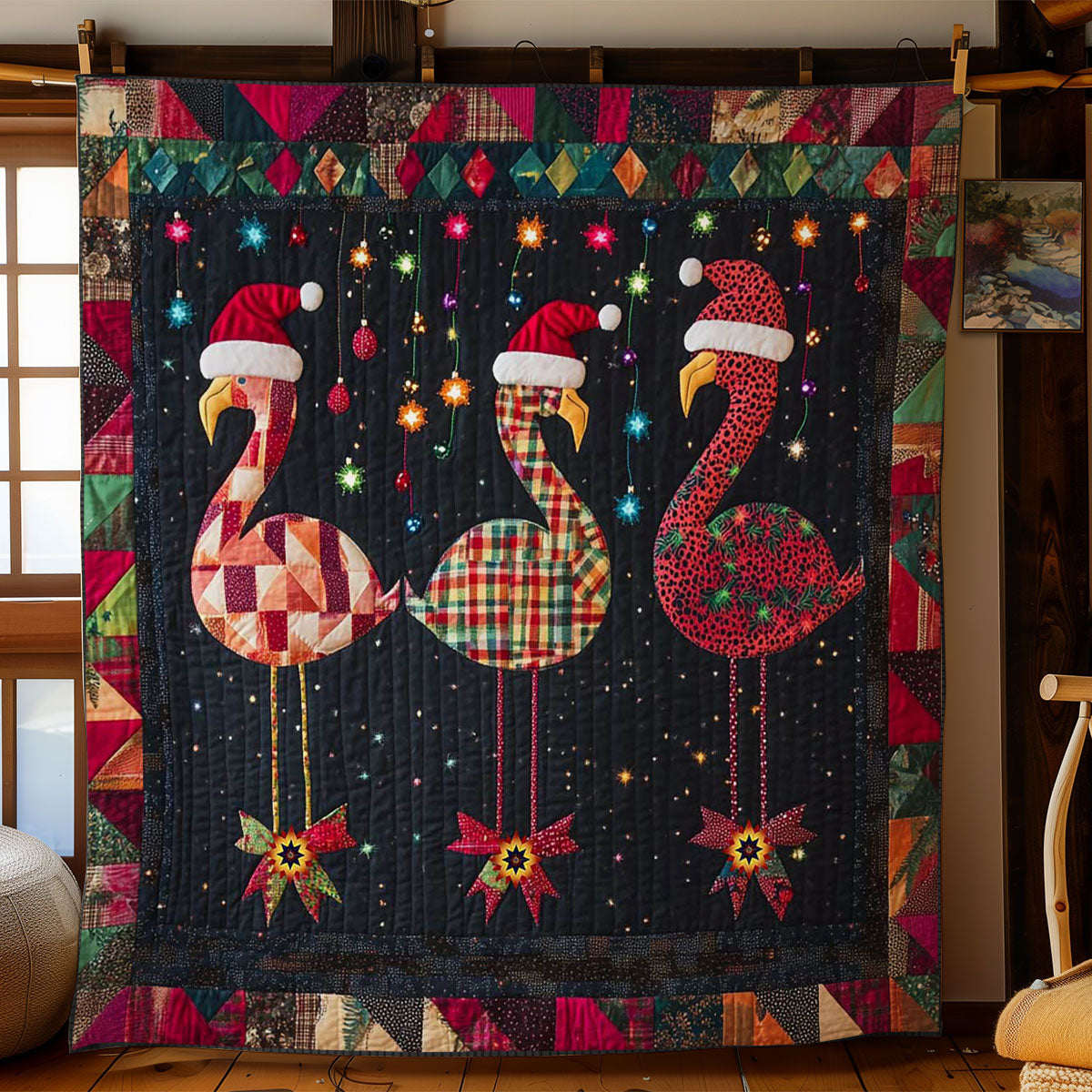 Patchwork Flamingo Celebration Quilt Luxury Quilt Blanket Gift for Elegant Interiors