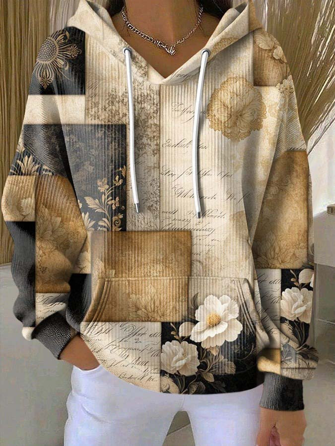 Patchwork Floral Coarse Needle Drawstring Hoodie Cozy Fashion Outfit Gifts For Women