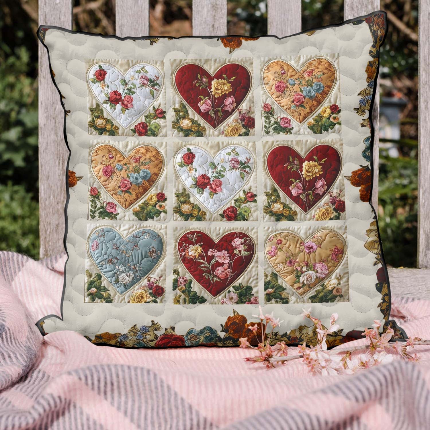 Patchwork Hearts Quilted Pillow Case Flower Design Natural Home Decor Unique Gift Ideas