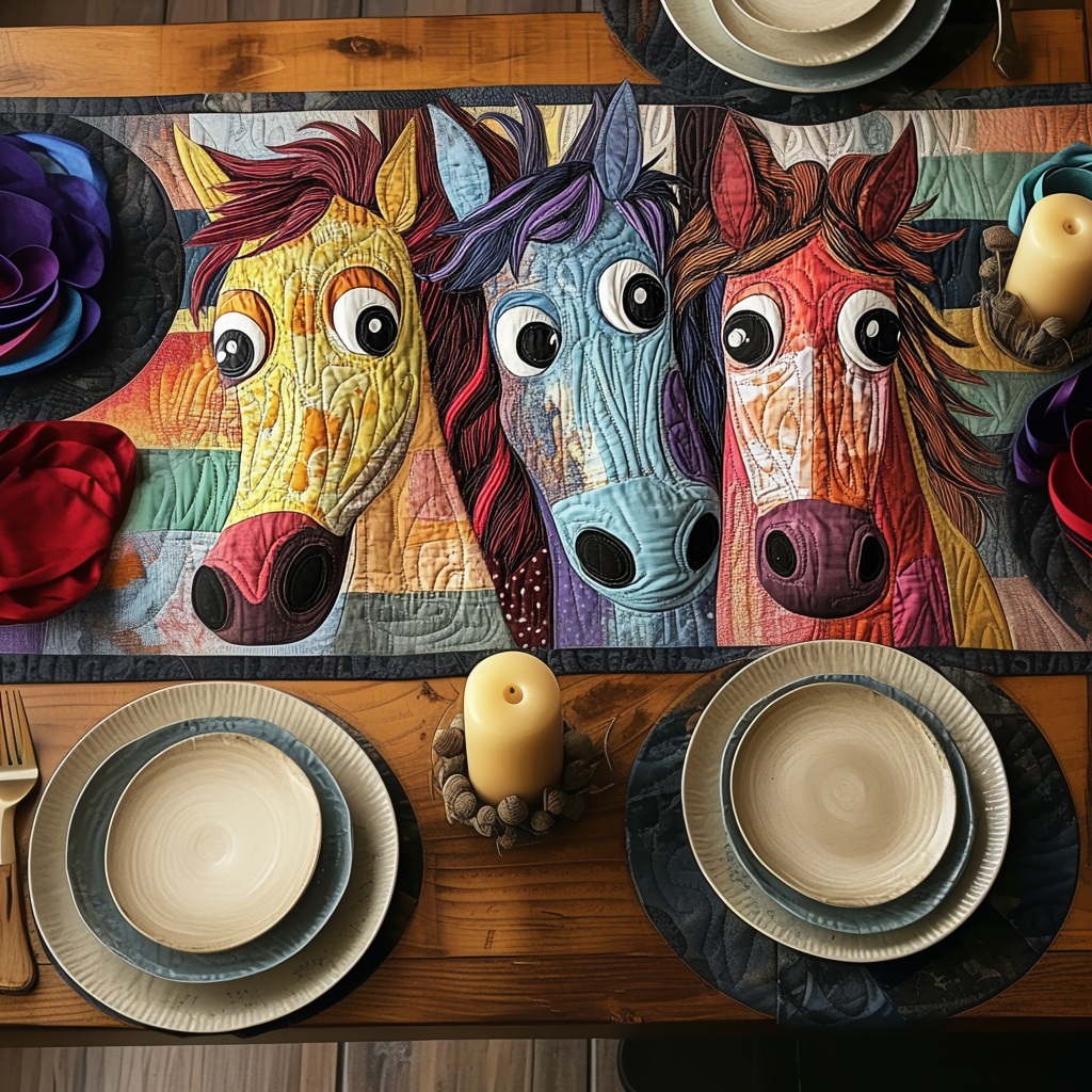 Patchwork Horse Quilted Table Runner Holiday Runner Dining Gift For Horse Lover Woman