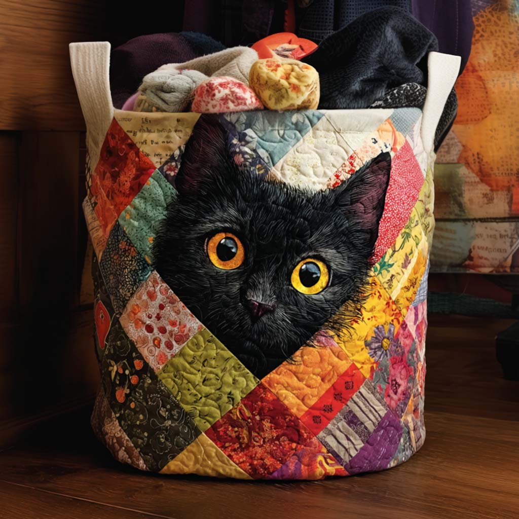 Patchwork Kitty Quilted Laundry Basket Halloween Merch Gift