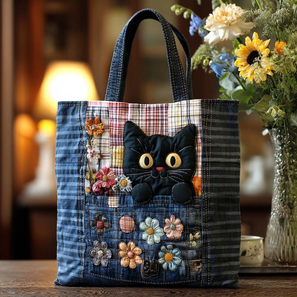 Patchwork Kitty Quilted Tote Bag Cat Lover Gifts For Her
