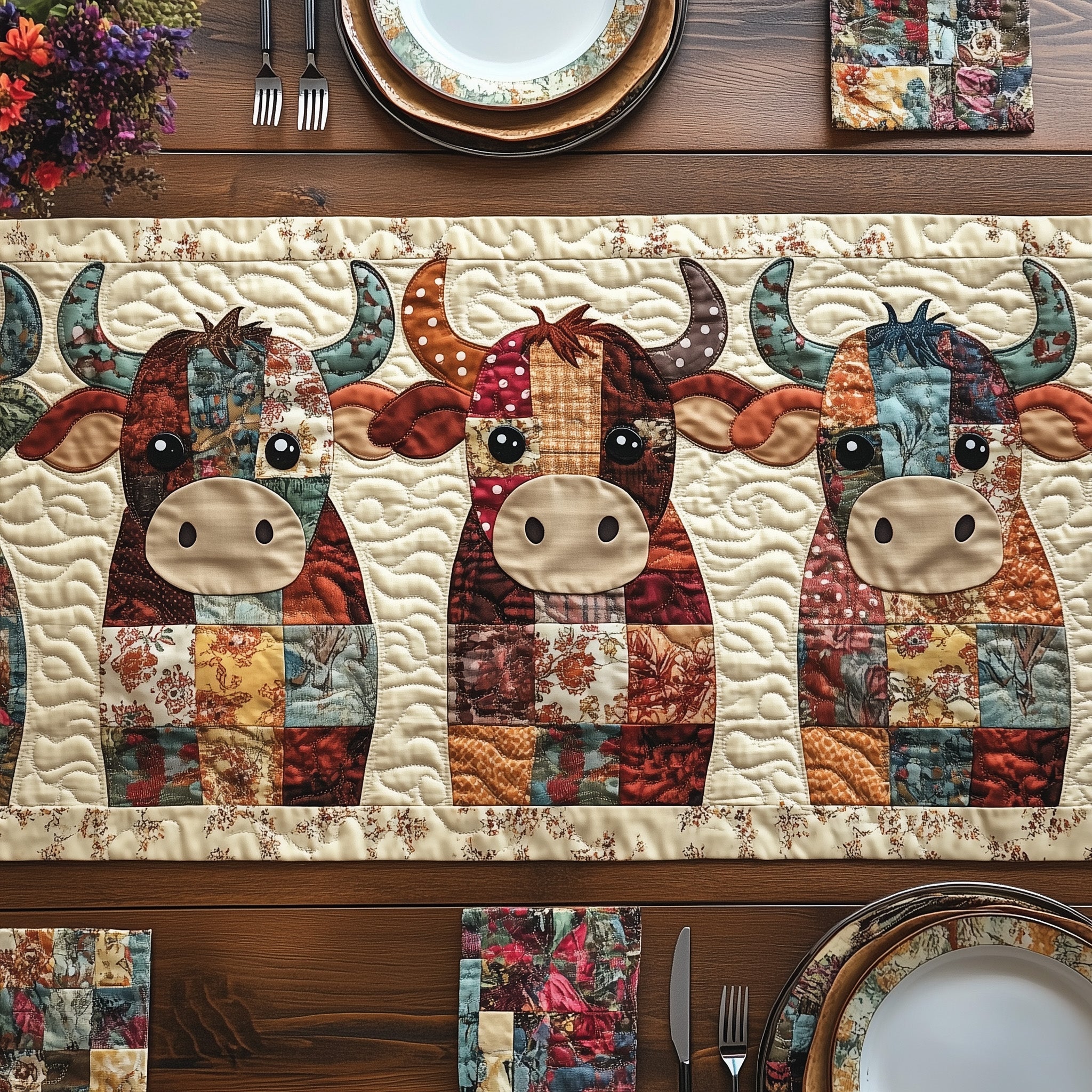 Patchwork Moo Crew Quilted Table Runner Elegant Christmas Table Runner