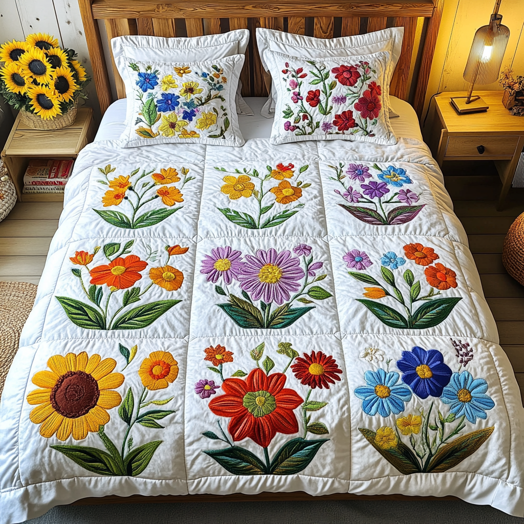 Patchwork Paradise Quilted Bedding Set Bed Decorations Presents For Flower Lovers
