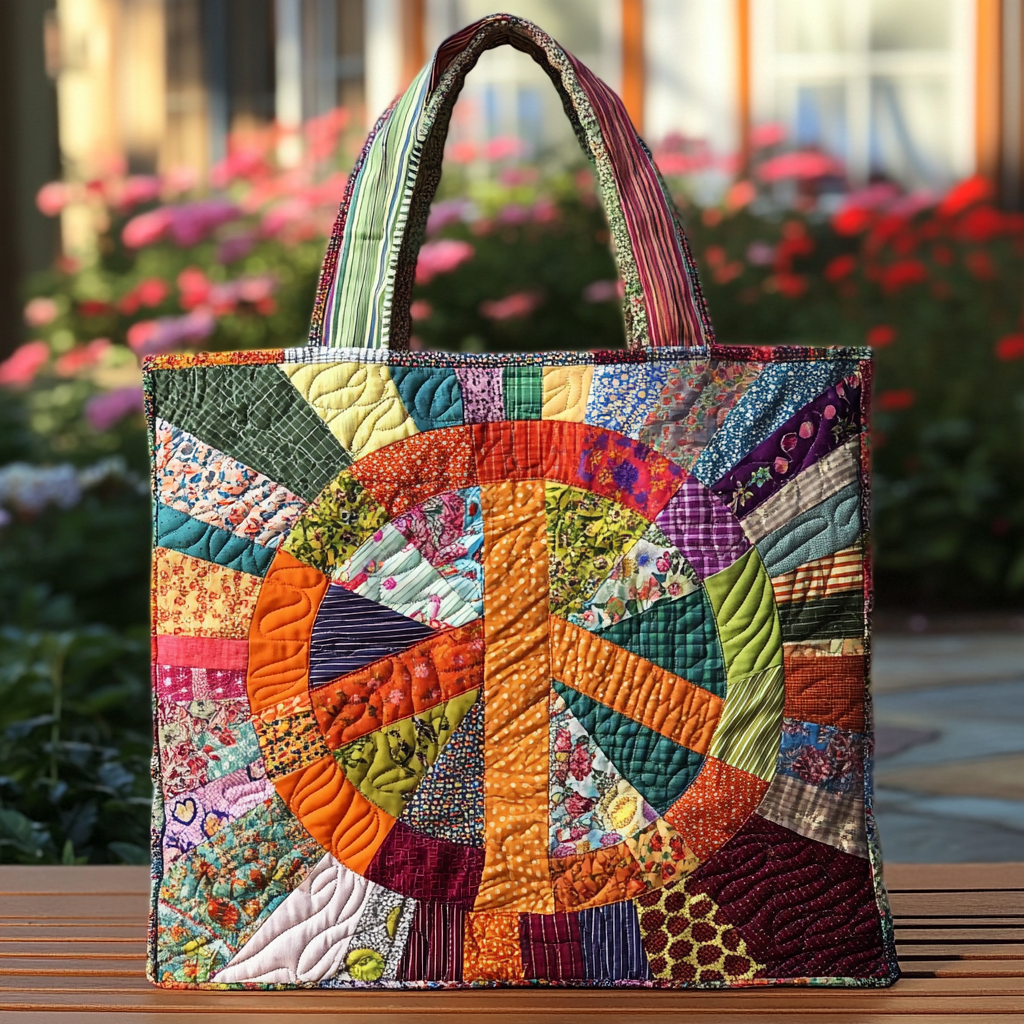 Patchwork Peace Quilted Tote Bag Hippie Gifts For Him