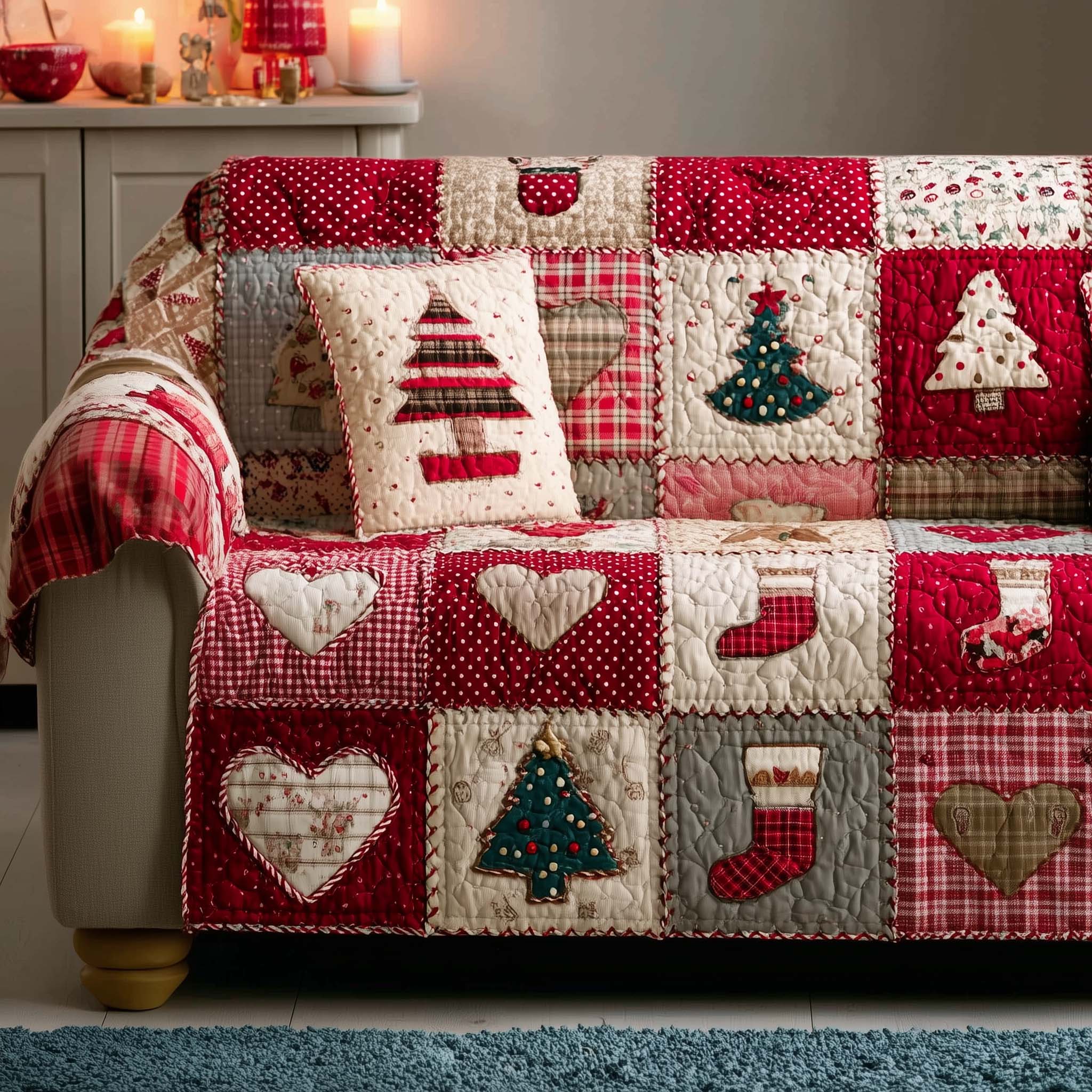 Patchwork Pine Tree Heart And Socks Quilted Sofa Cover Sofa Festive Quilt Christmas Gifts