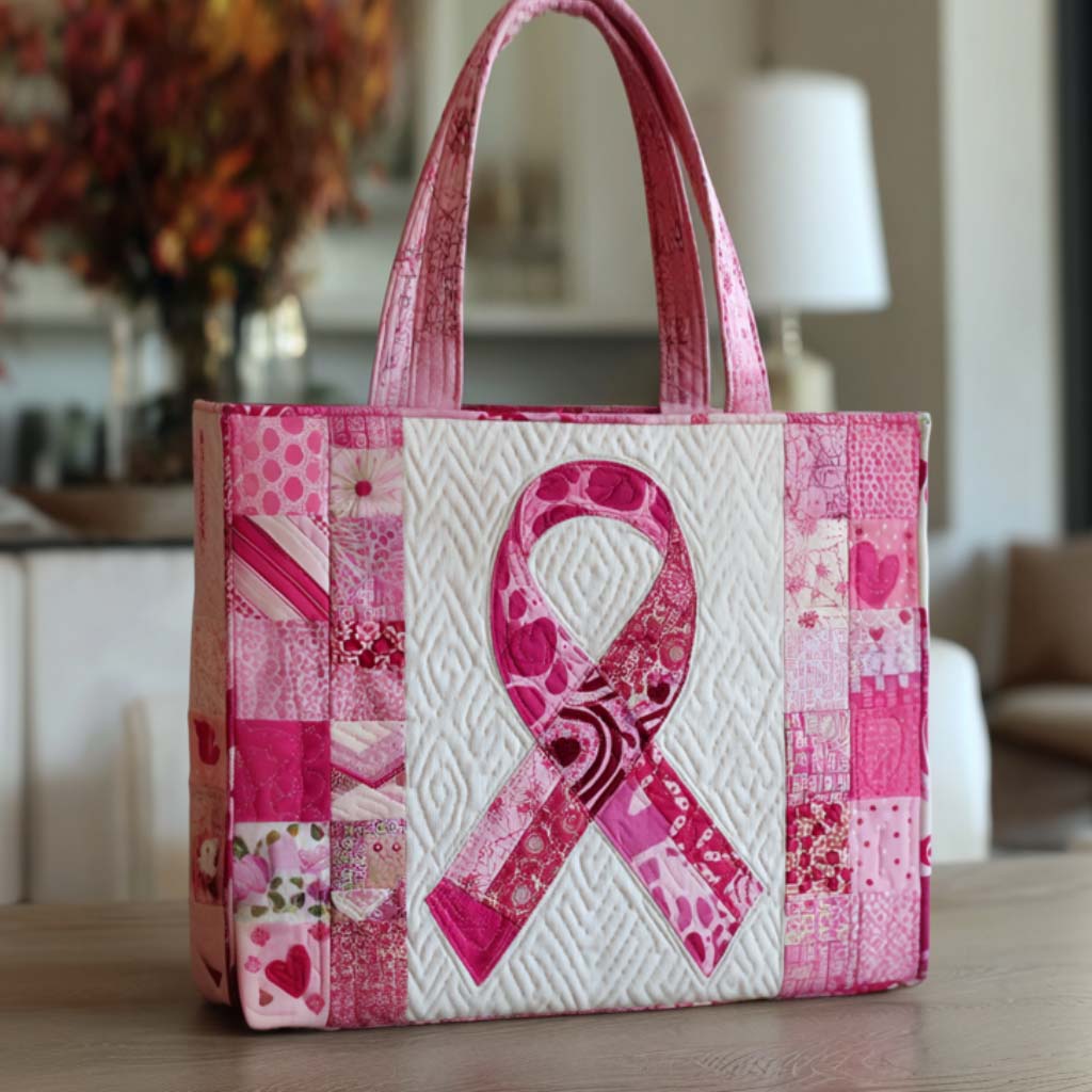 Patchwork Pink Ribbon Quilted Tote Bag Breast Cancer Gift Ideas