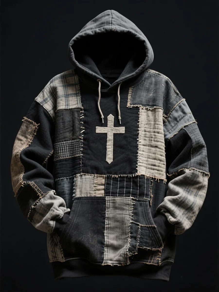Patchwork Plaid Cross Faith Oversized Hoodie Men Christian Graphic Hoodies Best Gift Ideas