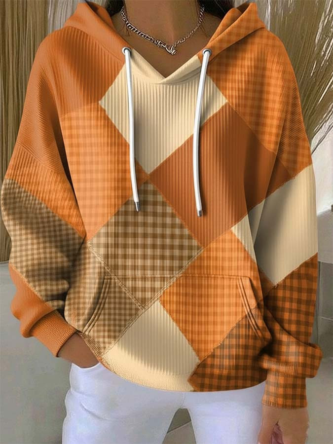 Patchwork Plaid Hoodie Orange Brown Clothing Christmas Presents For Women