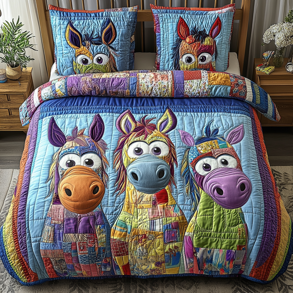 Patchwork Ponies Quilted Bedding Set Bed Room Decoration Donkey Presents