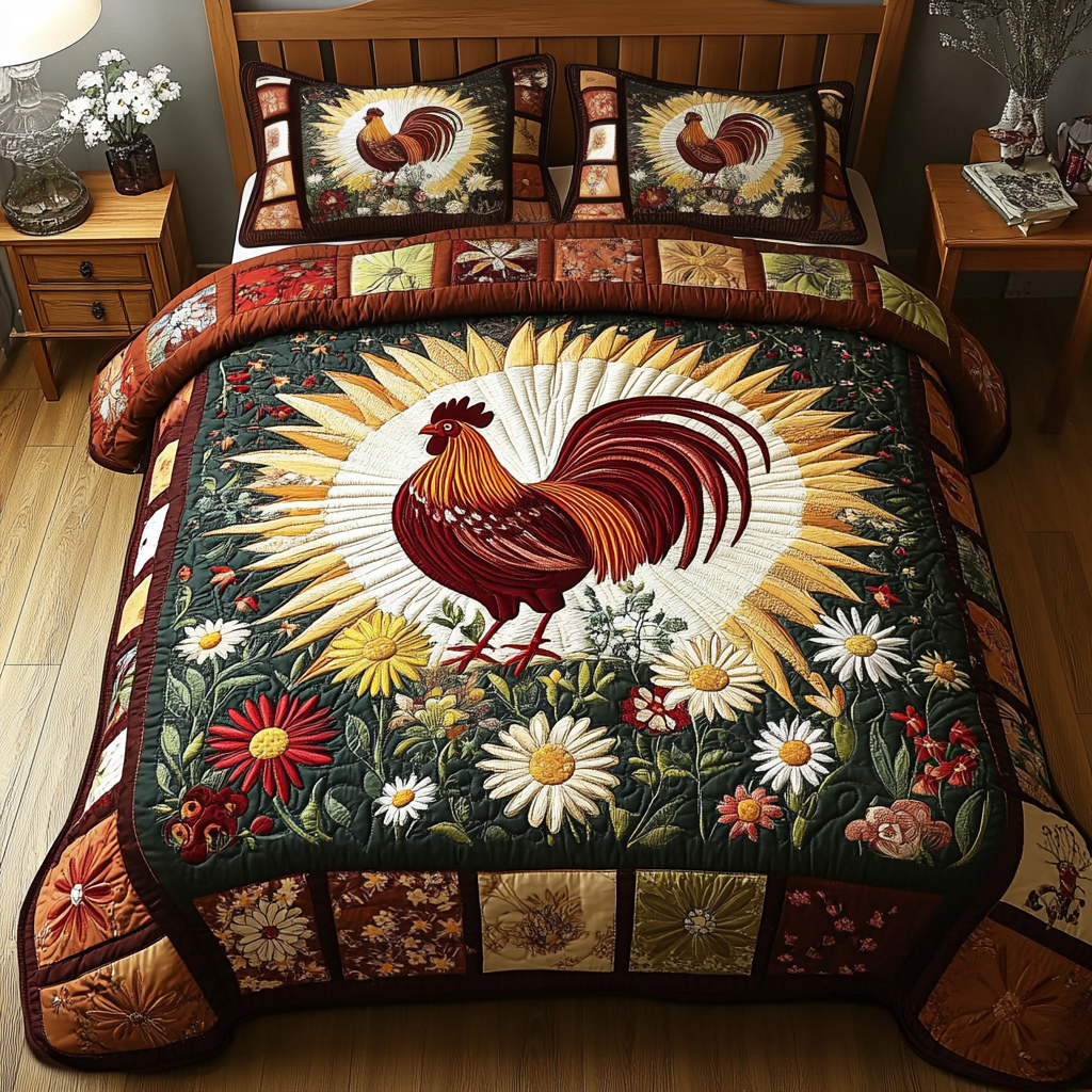 Patchwork Rooster Quilted Bedding Set Holiday Duvet Cover Set Christmas Presents For Chicken Lovers