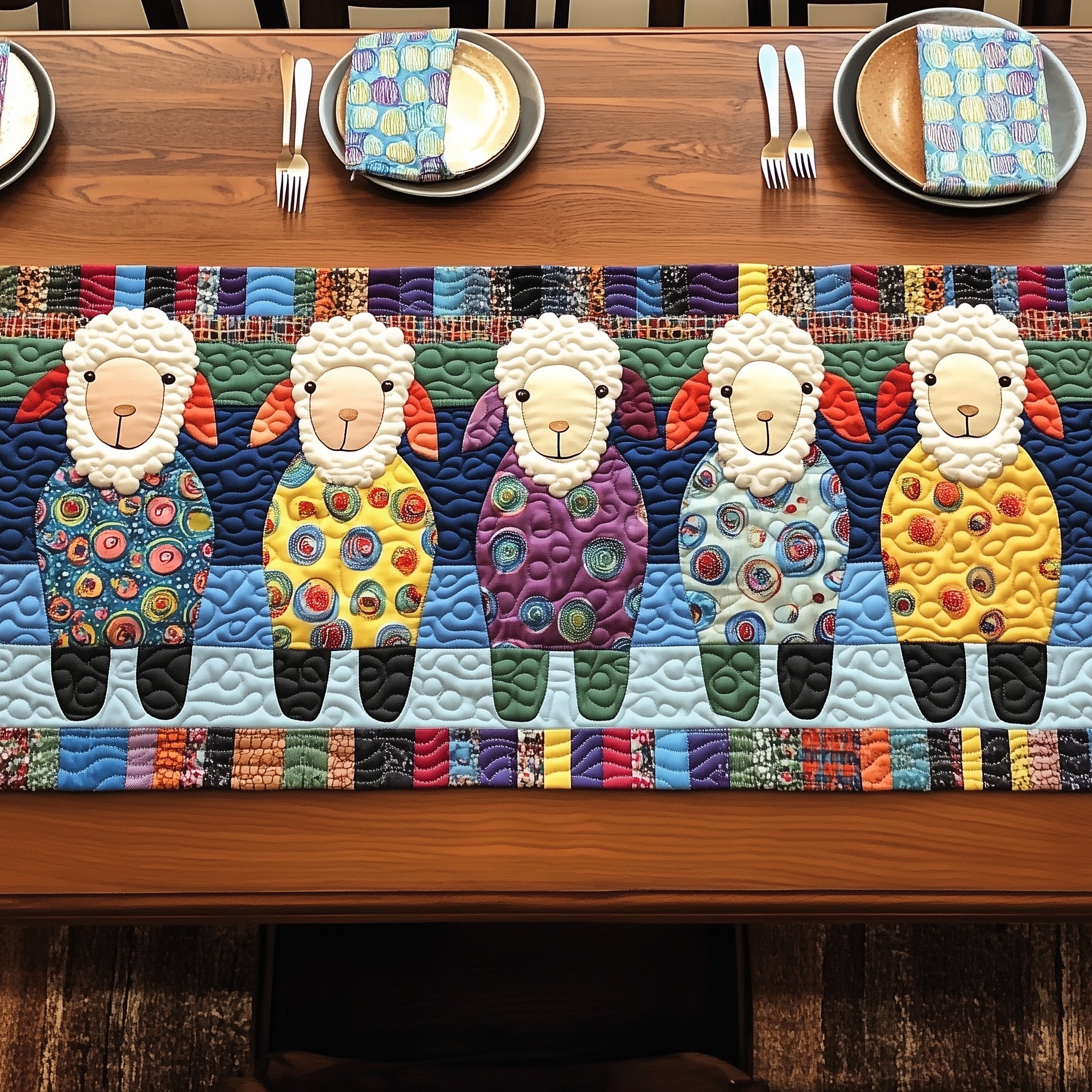 Patchwork Sheep Parade Quilted Table Runner Christmas Table Runner Decoration