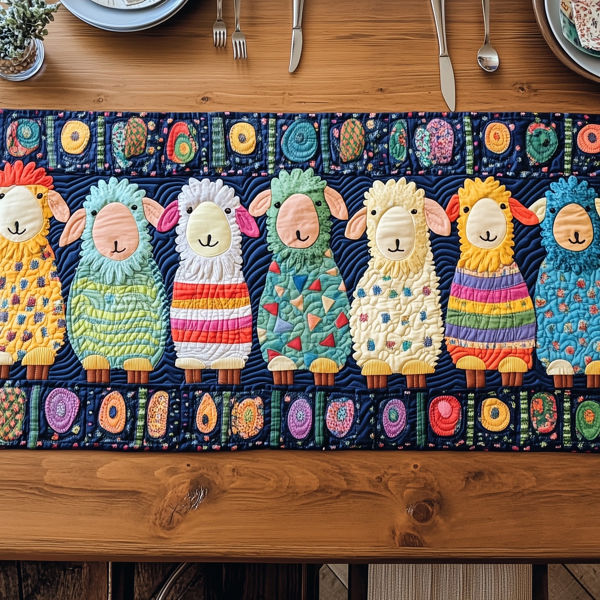Patchwork Sheep Parade Quilted Table Runner Festive Holiday Table Runner Decor