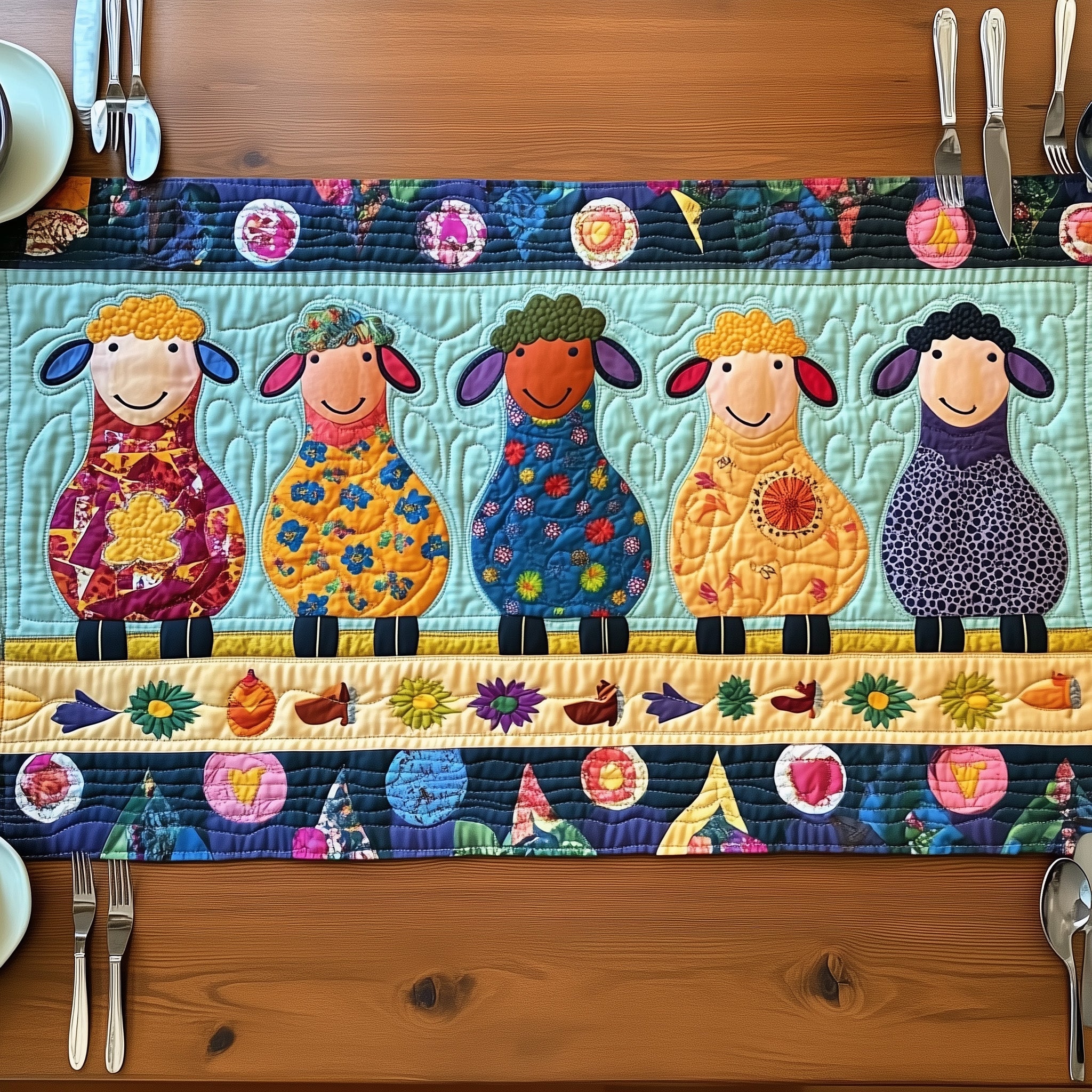 Patchwork Sheep Parade Quilted Table Runner Holiday Dinner Table Runner