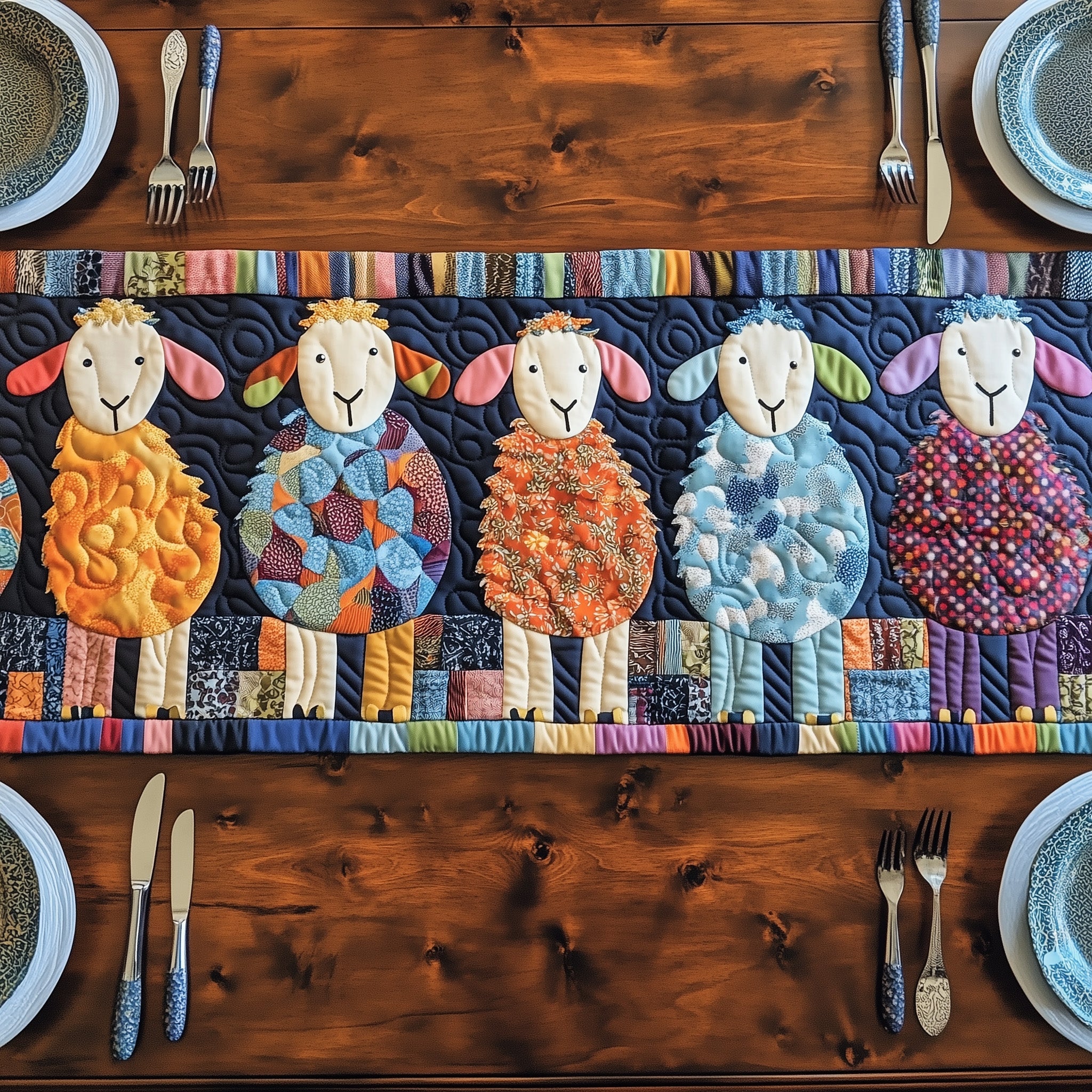 Patchwork Sheep Parade Quilted Table Runner Winter Table Runner