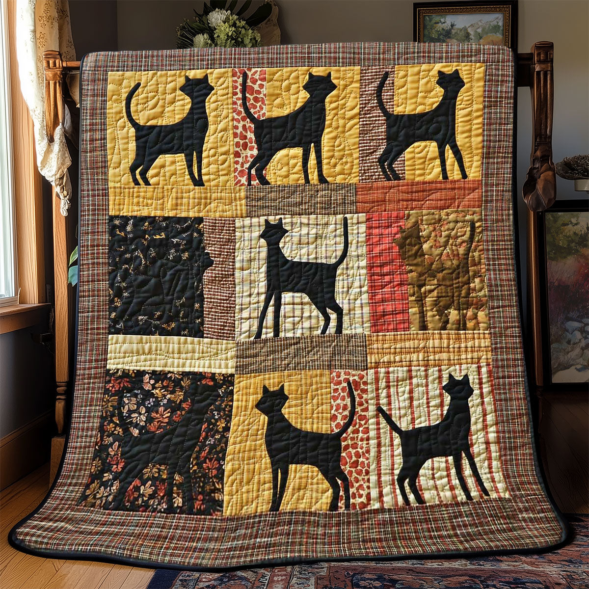 Patchwork Silhouette Cat Quilt Blanket Throws For Couch Birthday Gifts For Daughter