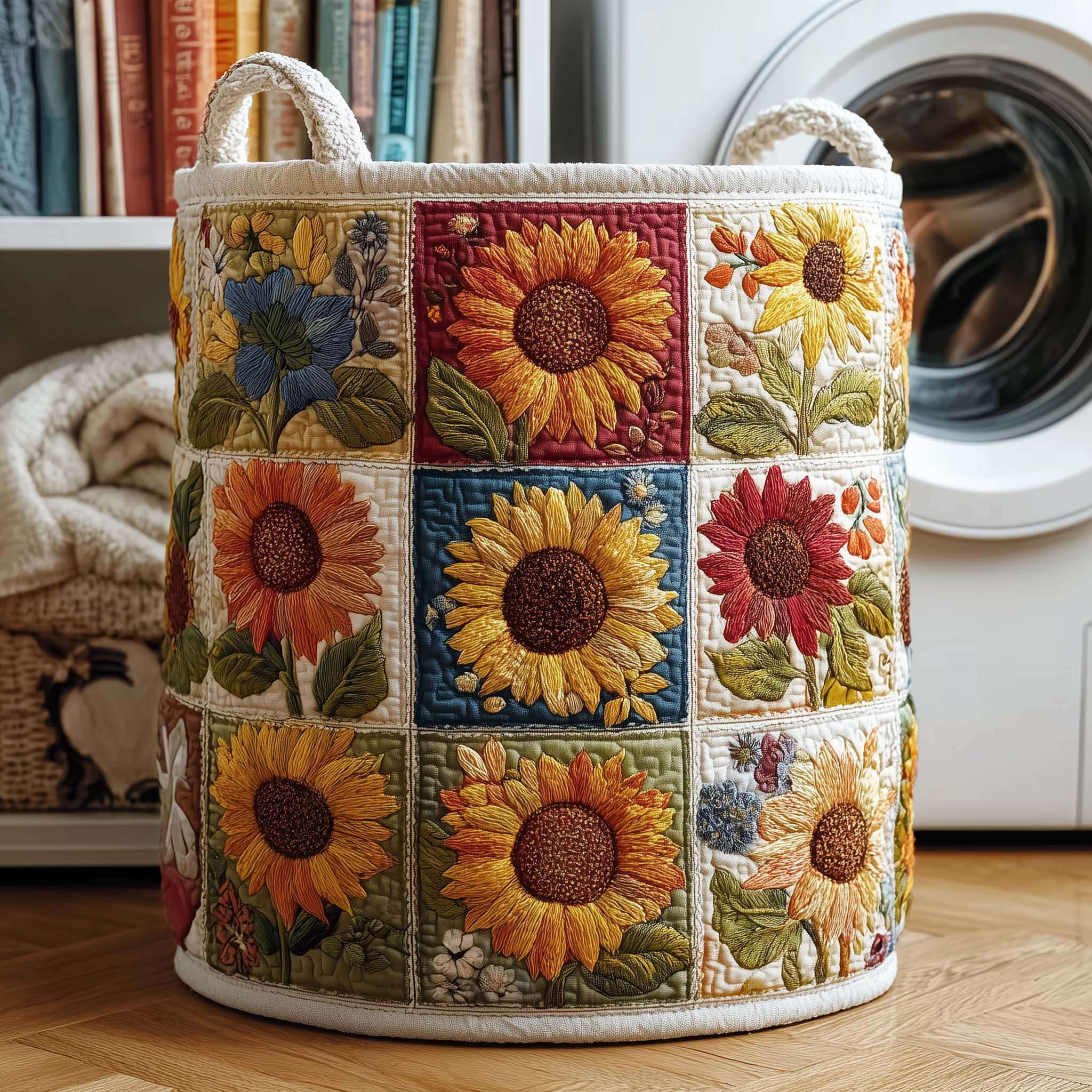 Patchwork Sunflowers Quilted Laundry Basket Flower Pattern Sunflower Gifts For Mother