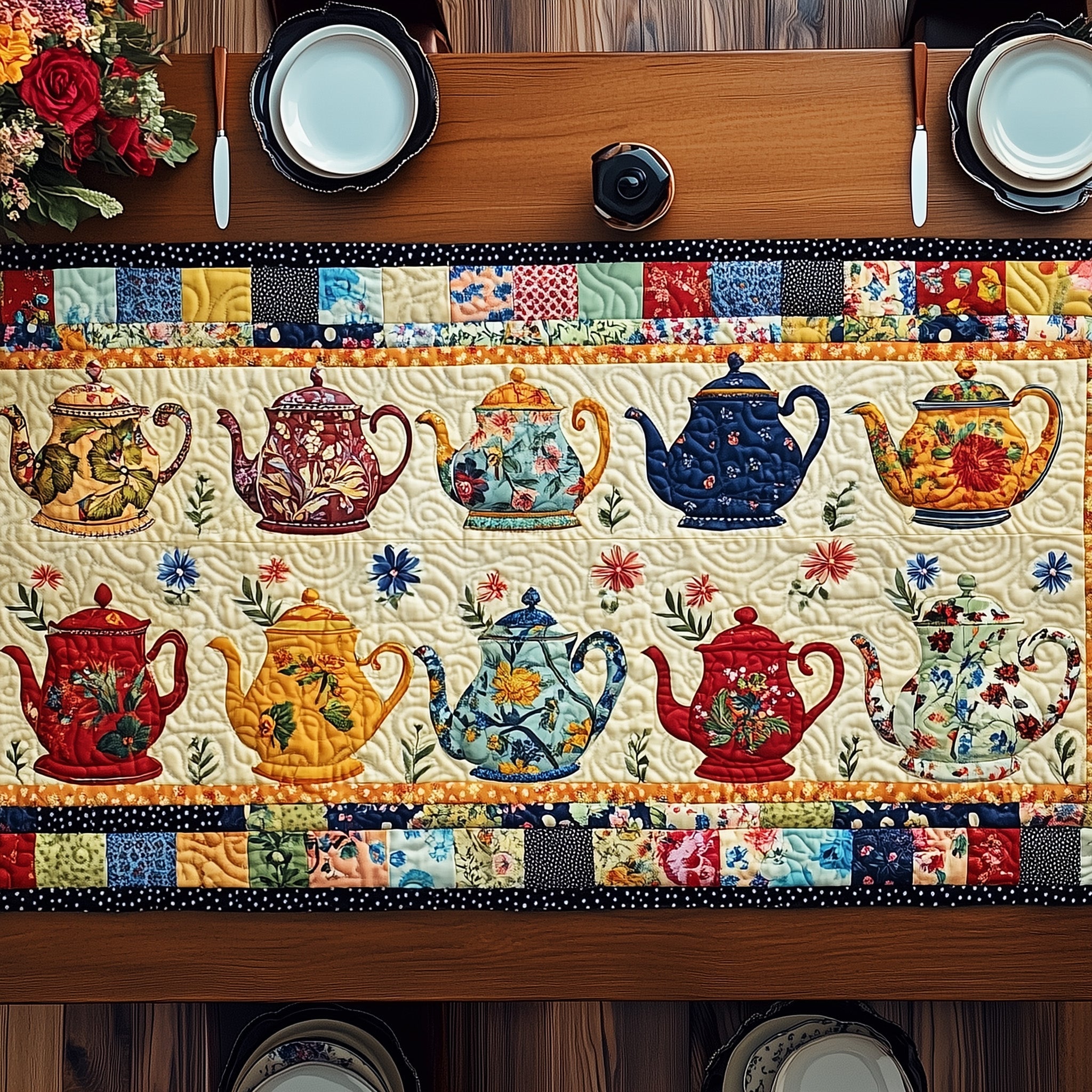 Patchwork Tea Party Quilted Table Runner Christmas Table Runner for Dining Room