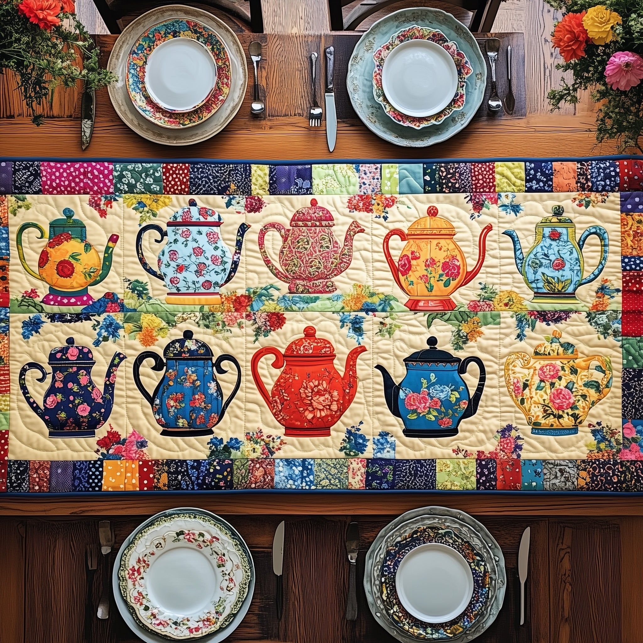 Patchwork Tea Party Quilted Table Runner Cozy Winter Table Runner for Home