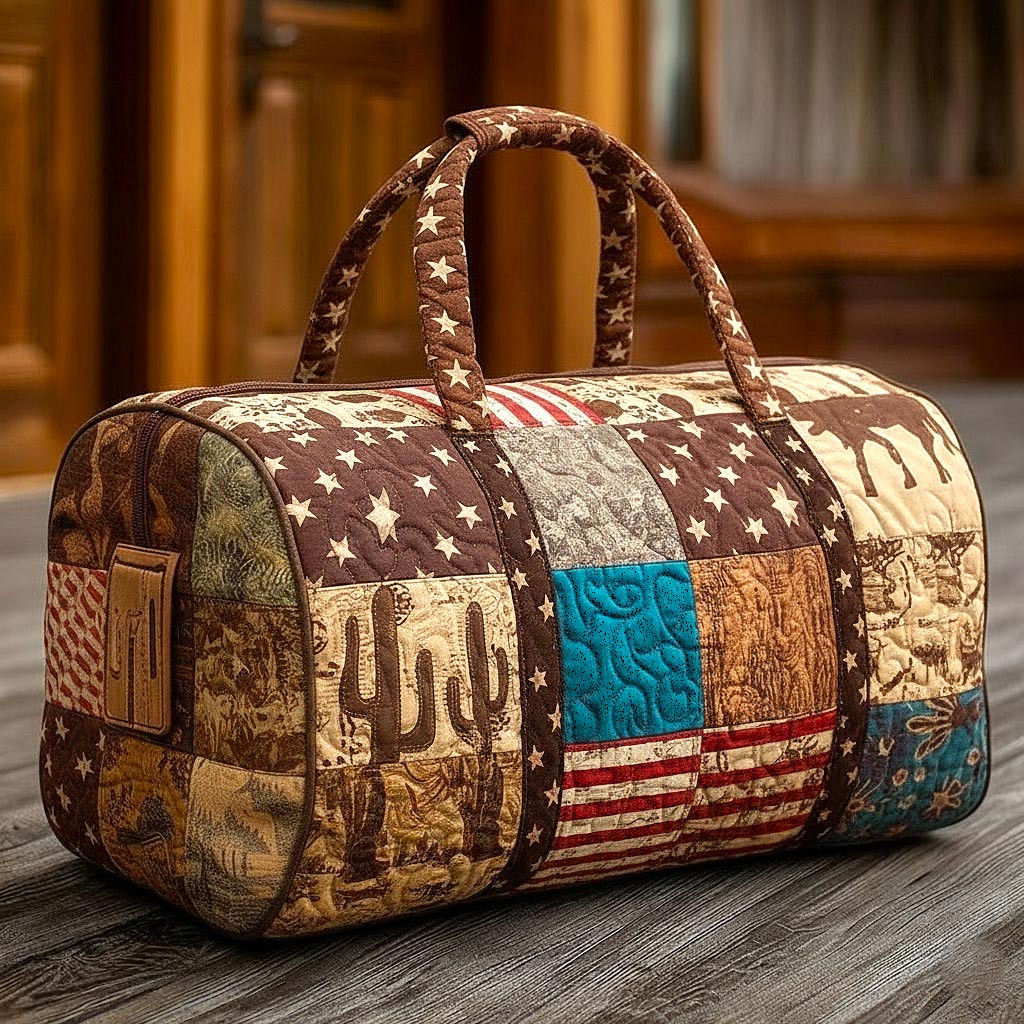 Patchwork West American Flag Quilted Duffle Bag Cactus Western Travel Bag Best Gift For Cowboys