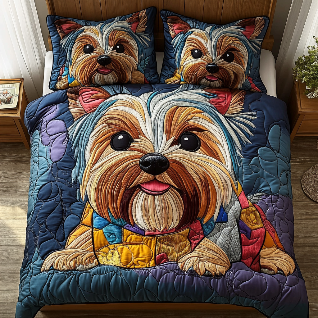 Patchy Yorkie Quilted Bedding Set Luxury Bed Sheet Gift Set for Ultimate Comfort