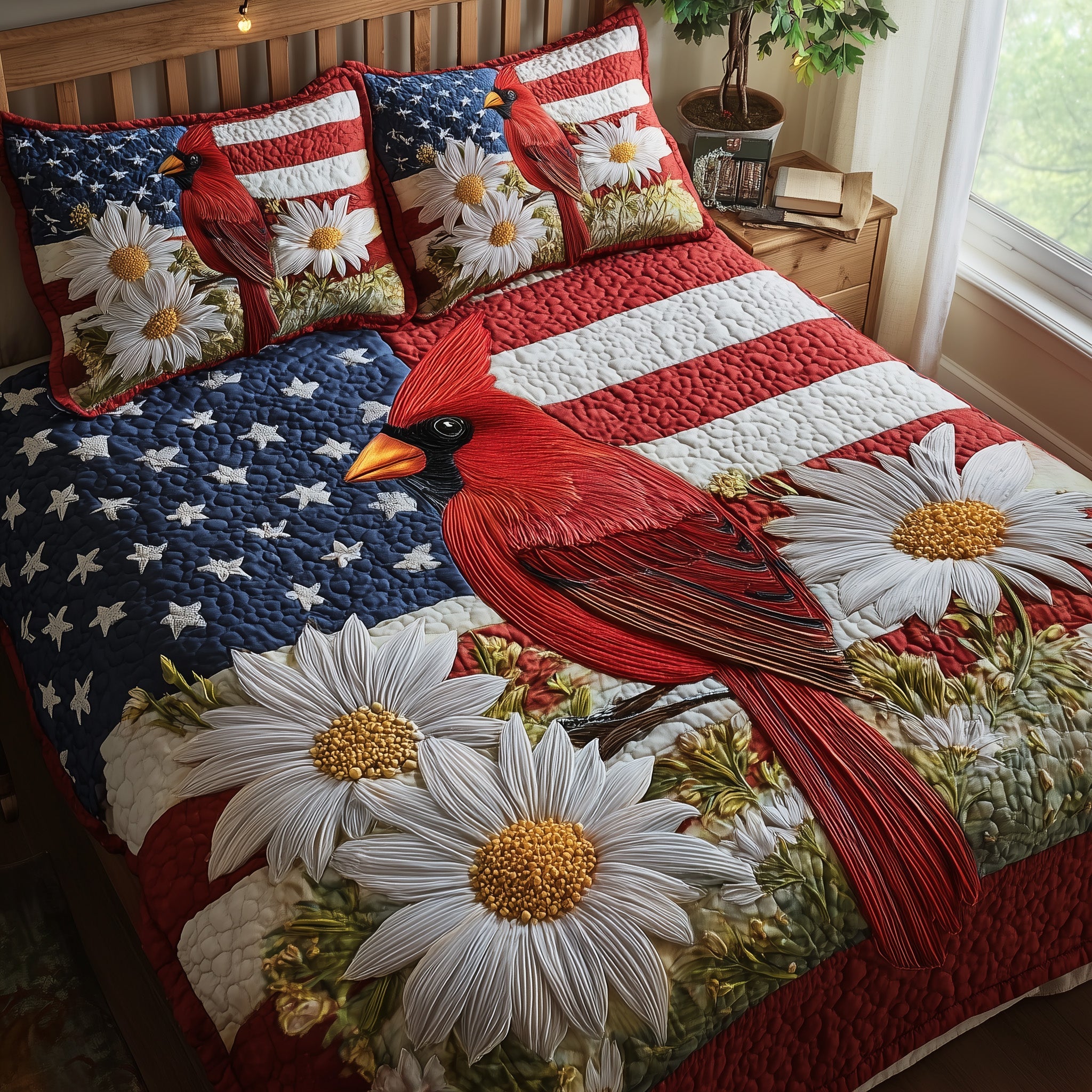 Patriot Cardinal Quilted Bedding Set Duvet Cover Bedspread Best Cardinal Gift Items