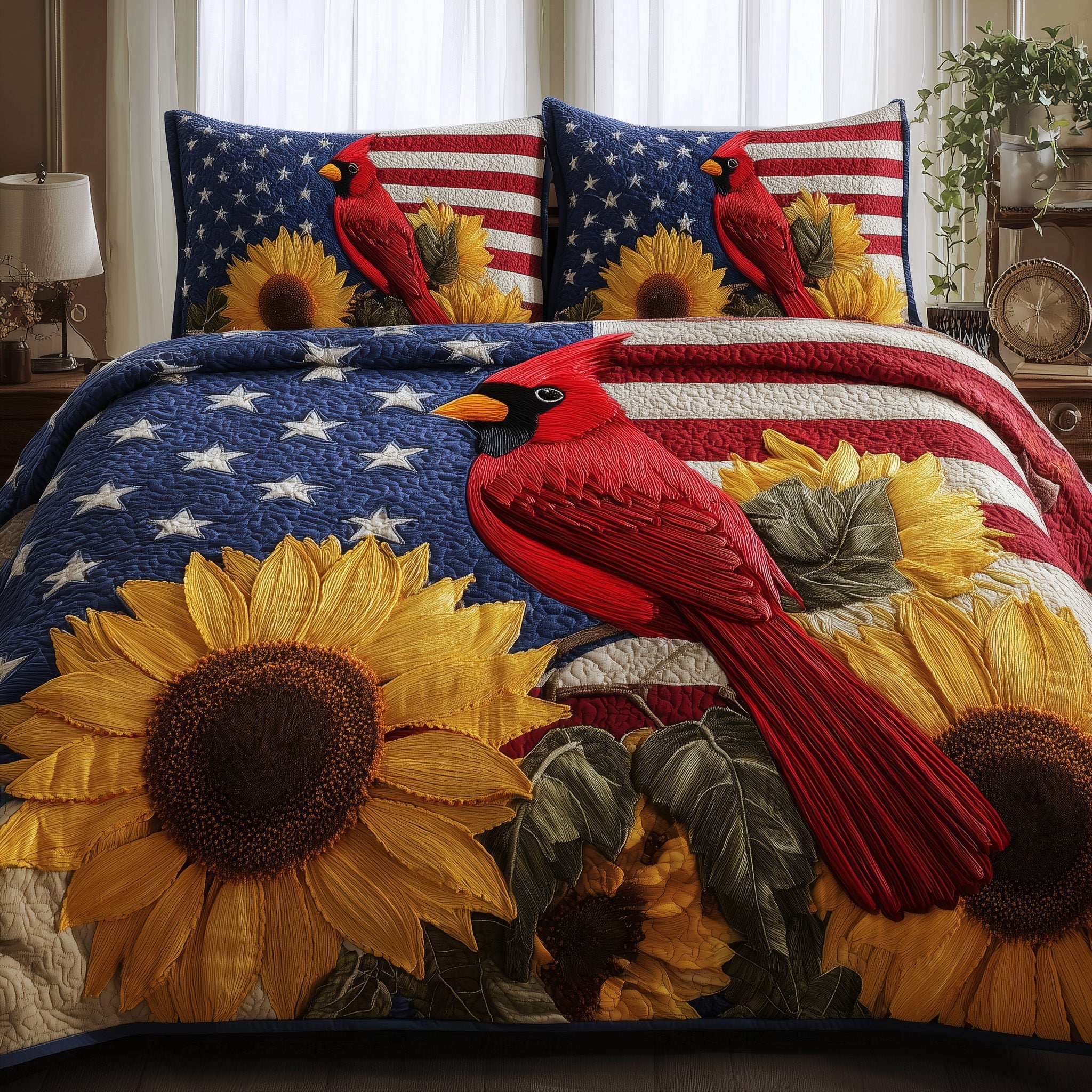 Patriot Cardinal Quilted Bedding Set Duvet Cover Bedspread Cardinal Gifts For Her