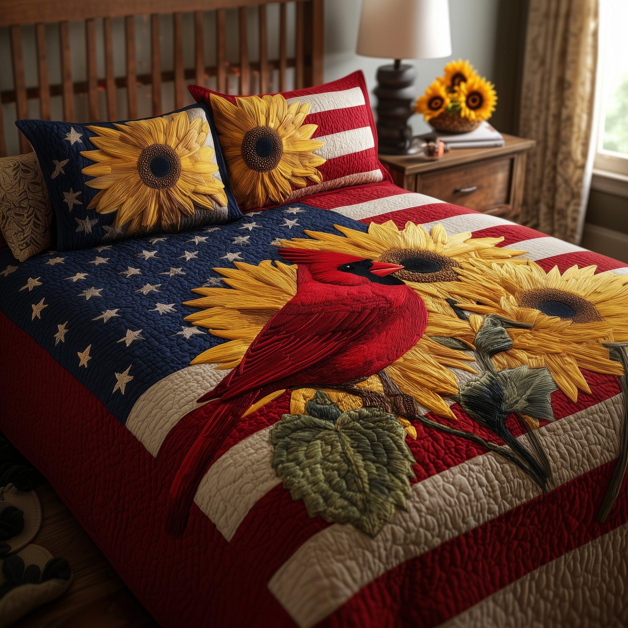 Patriot Cardinal Quilted Bedding Set Duvet Cover Bedspread Red Cardinal Gift Items