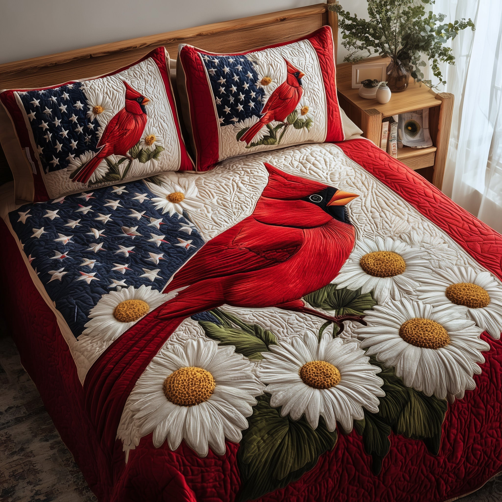 Patriot Cardinal Quilted Bedding Set Housewarming Gift