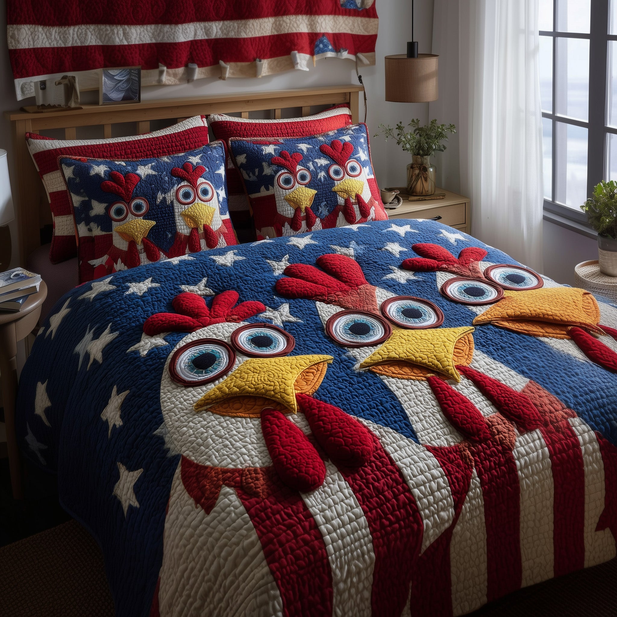 Patriot Chickens Quilted Bedding Set Duvet Cover Bedspread Chicken Novelty Gifts