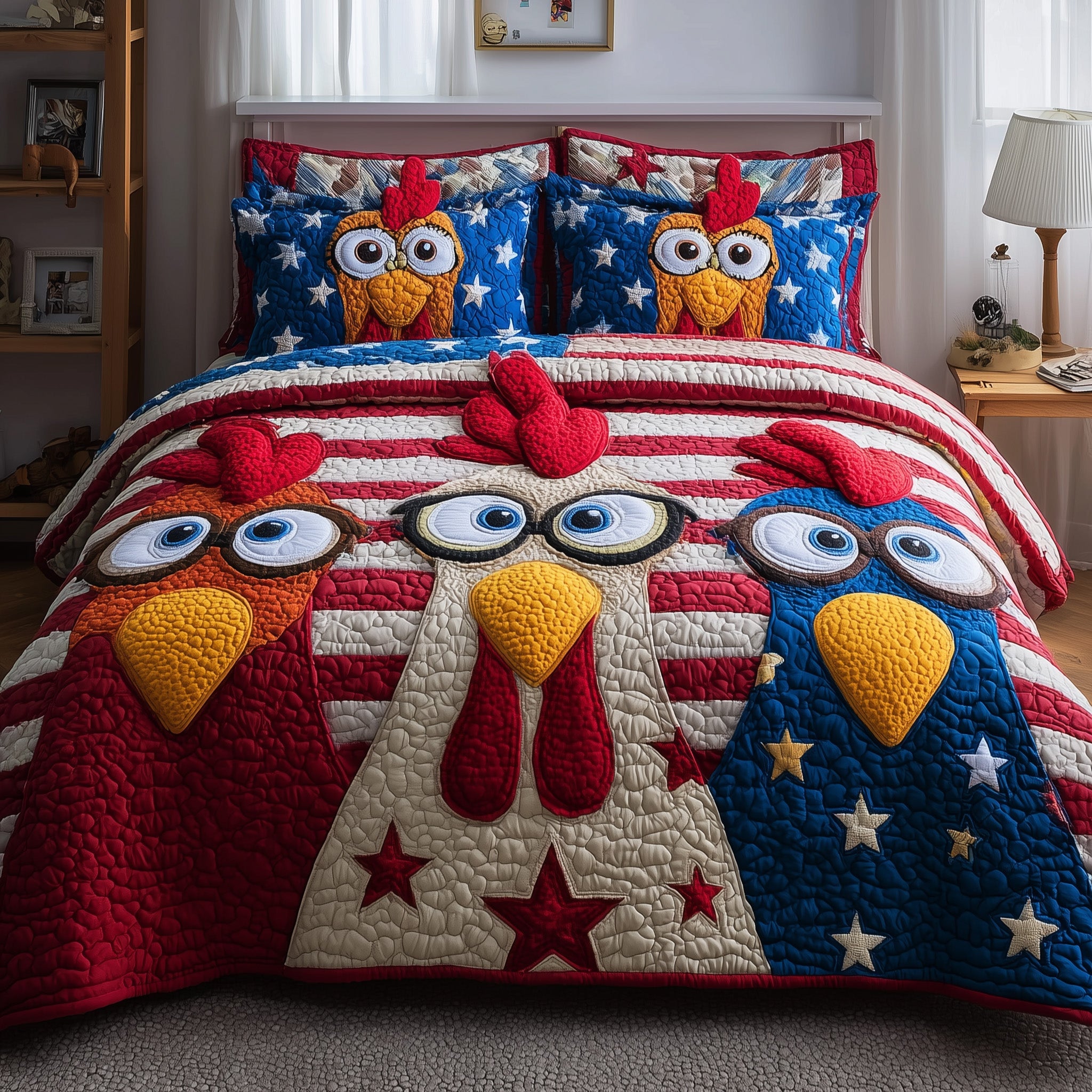 Patriot Chickens Quilted Bedding Set Duvet Cover Bedspread Gifts For People Who Raise Chickens
