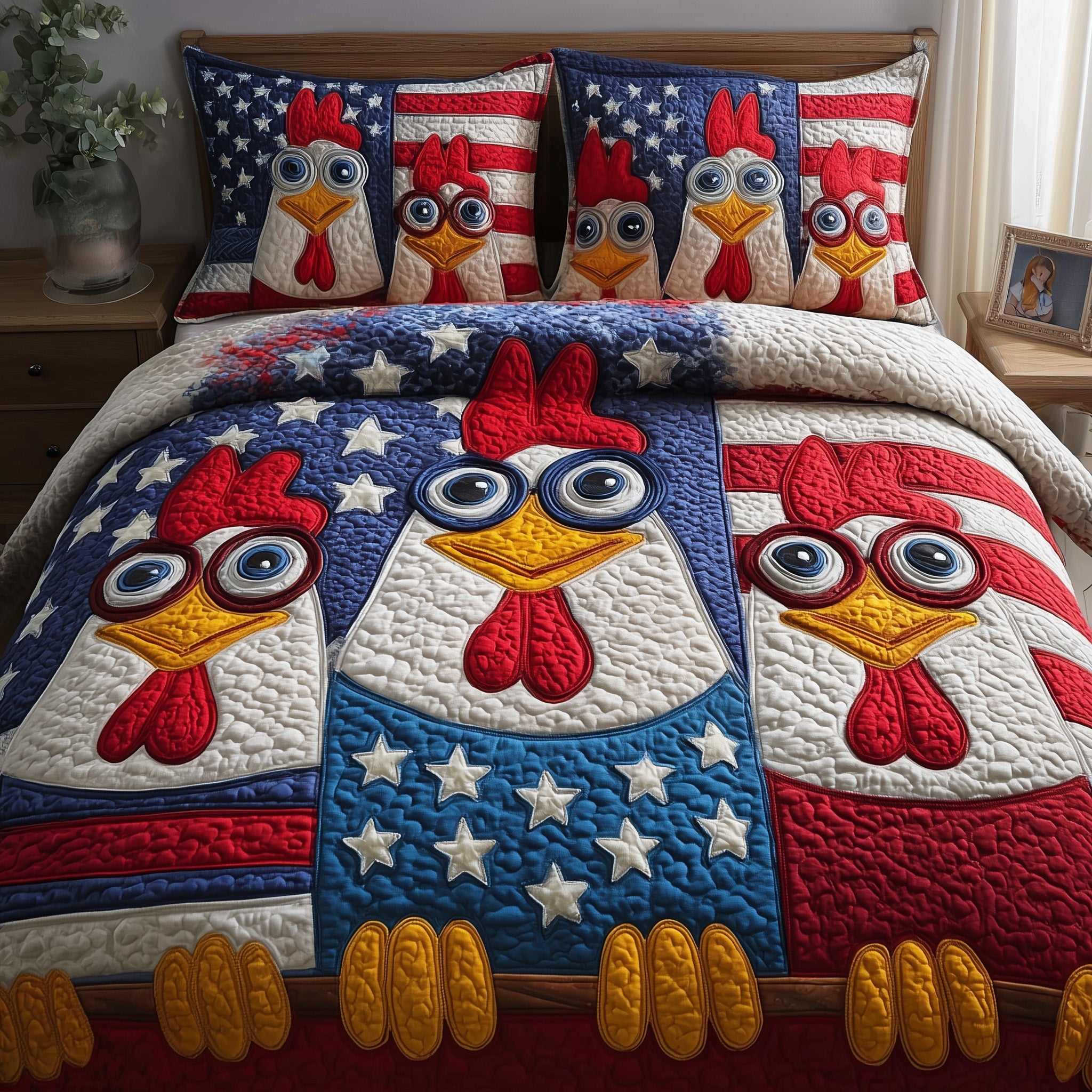 Patriot Chicks Quilted Bedding Set Duvet Cover Bedspread Gifts For People Who Own Chickens