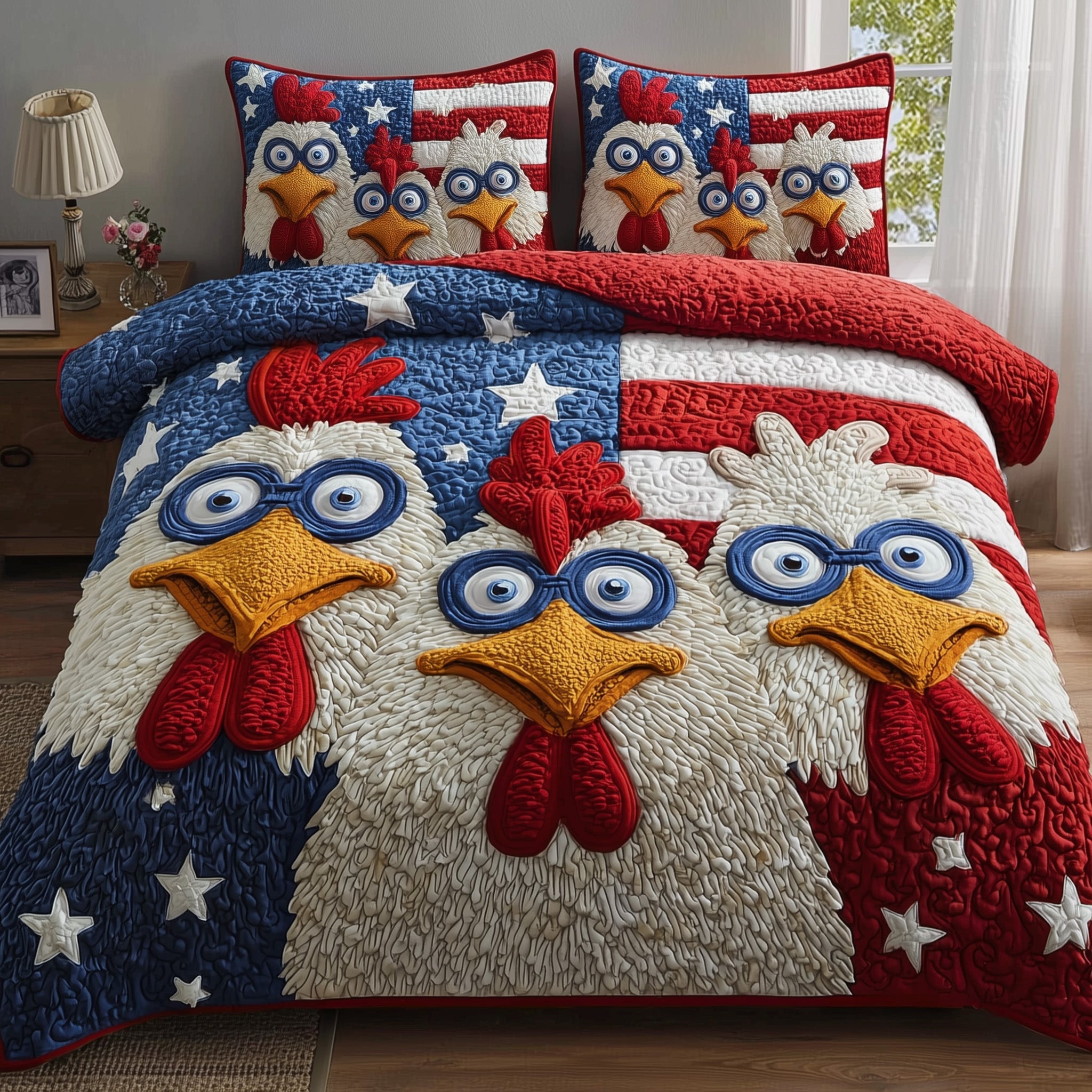 Patriot Chicks Quilted Bedding Set Duvet Cover Bedspread Gifts With Chickens On Them