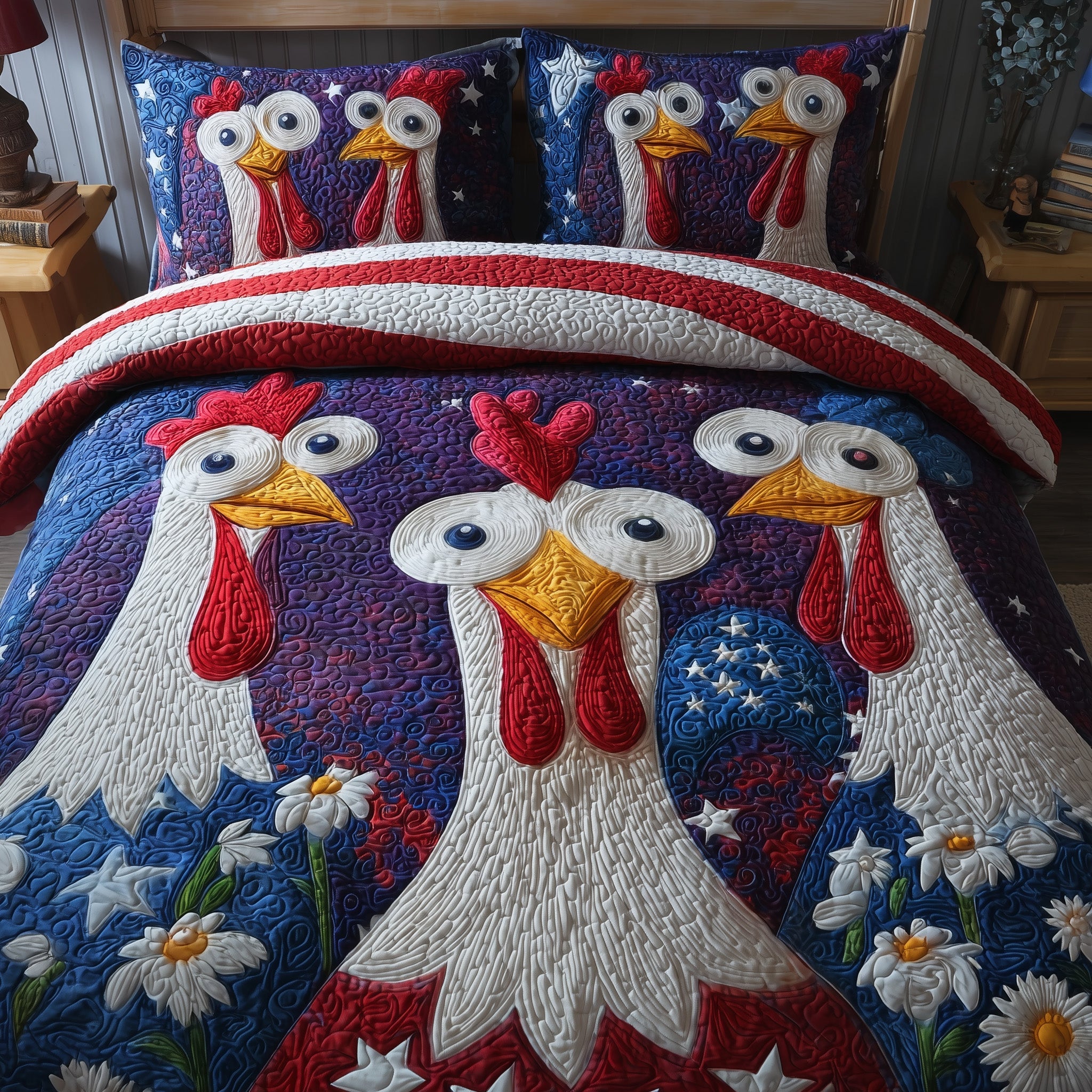 Patriot Chicks Quilted Bedding Set Farmhouse Style