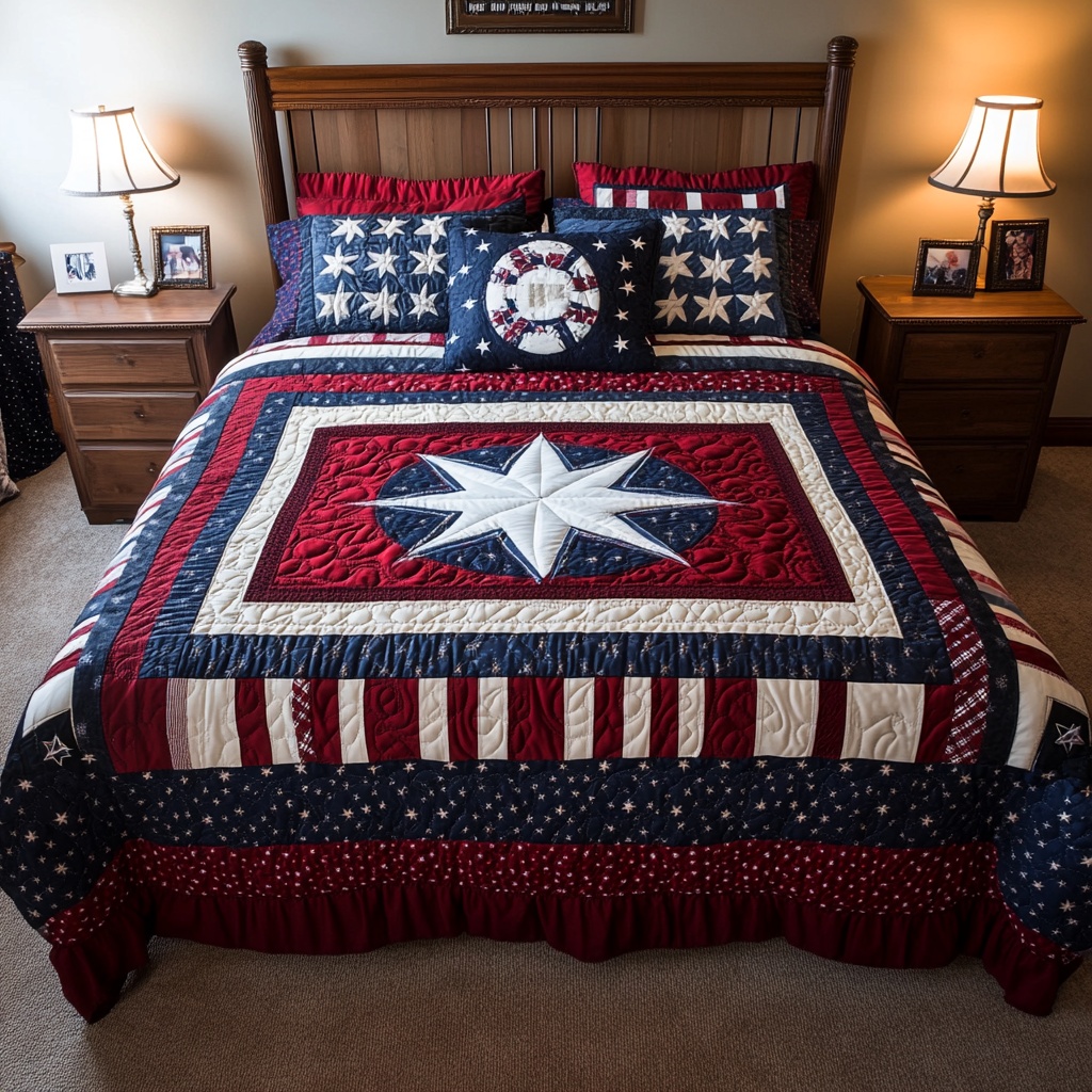 Patriot Patch Quilted Bedding Set American Flag Bedroom Decor Gift For Patriotic Lovers
