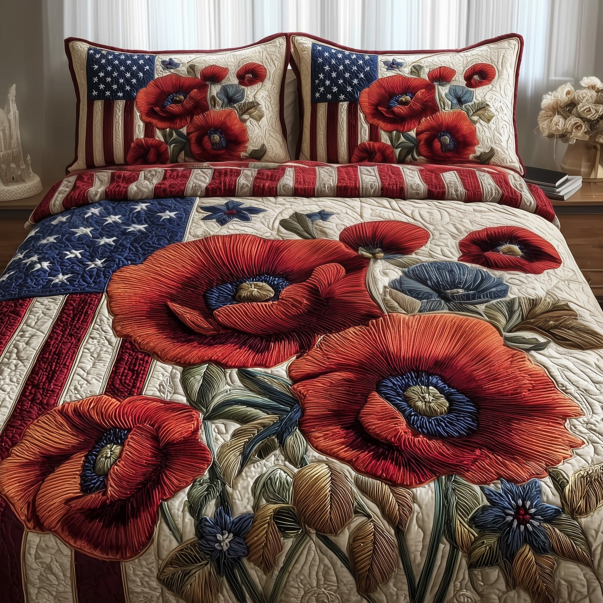 Patriot Poppies Quilted Bedding Set Duvet Cover Bedspread Best Bridal Shower Gifts