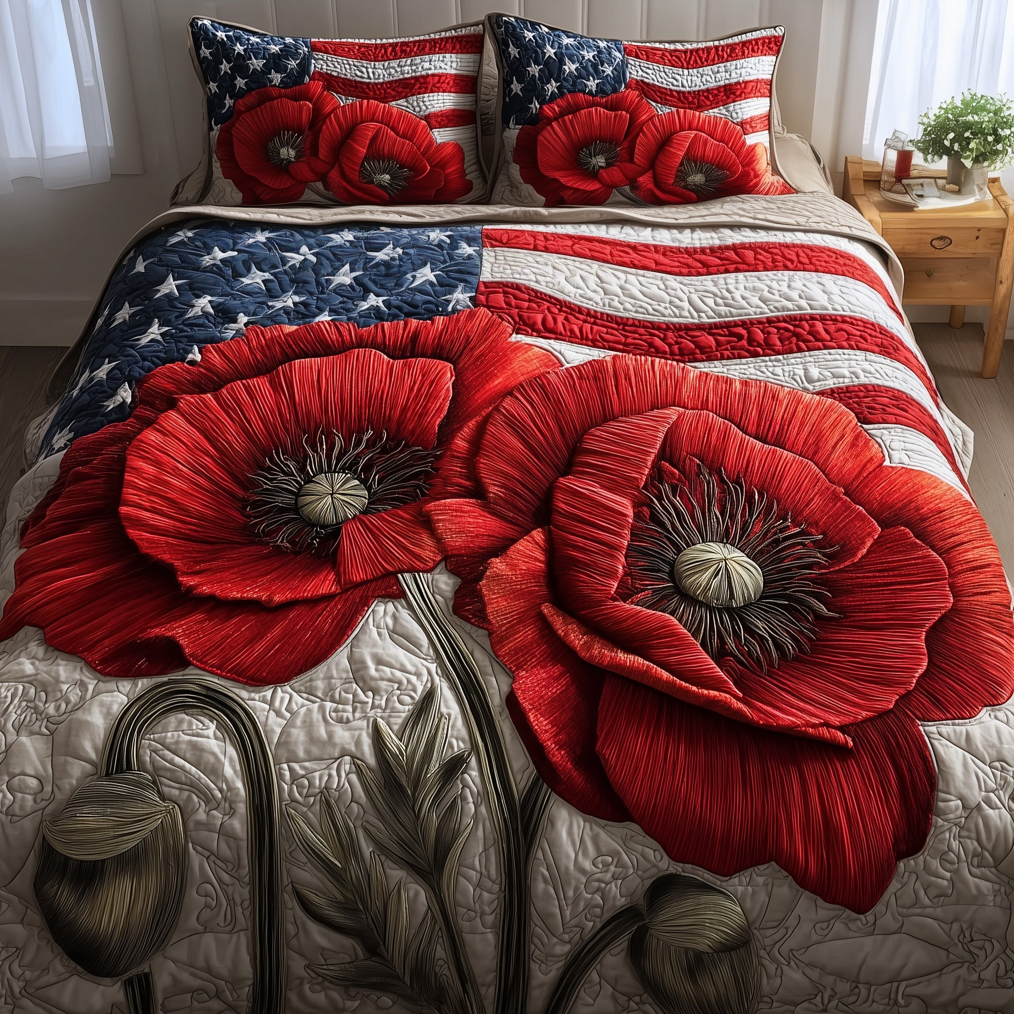 Patriot Poppies Quilted Bedding Set Duvet Cover Bedspread Best Man Gift Ideas