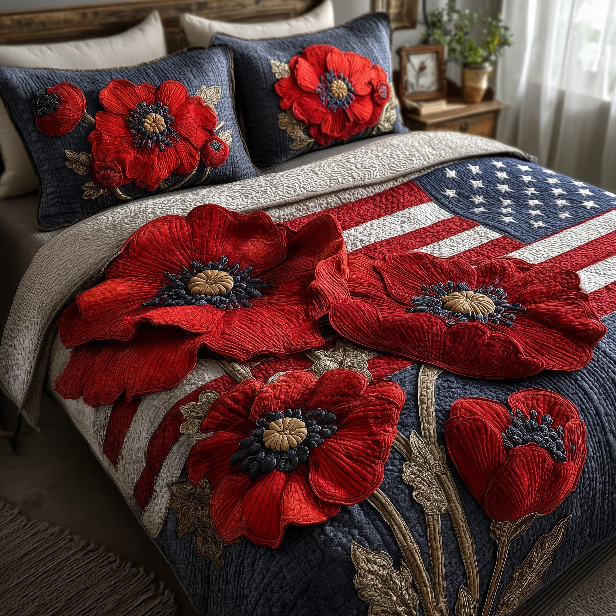 Patriot Poppies Quilted Bedding Set Duvet Cover Bedspread Good Groomsmen Gifts