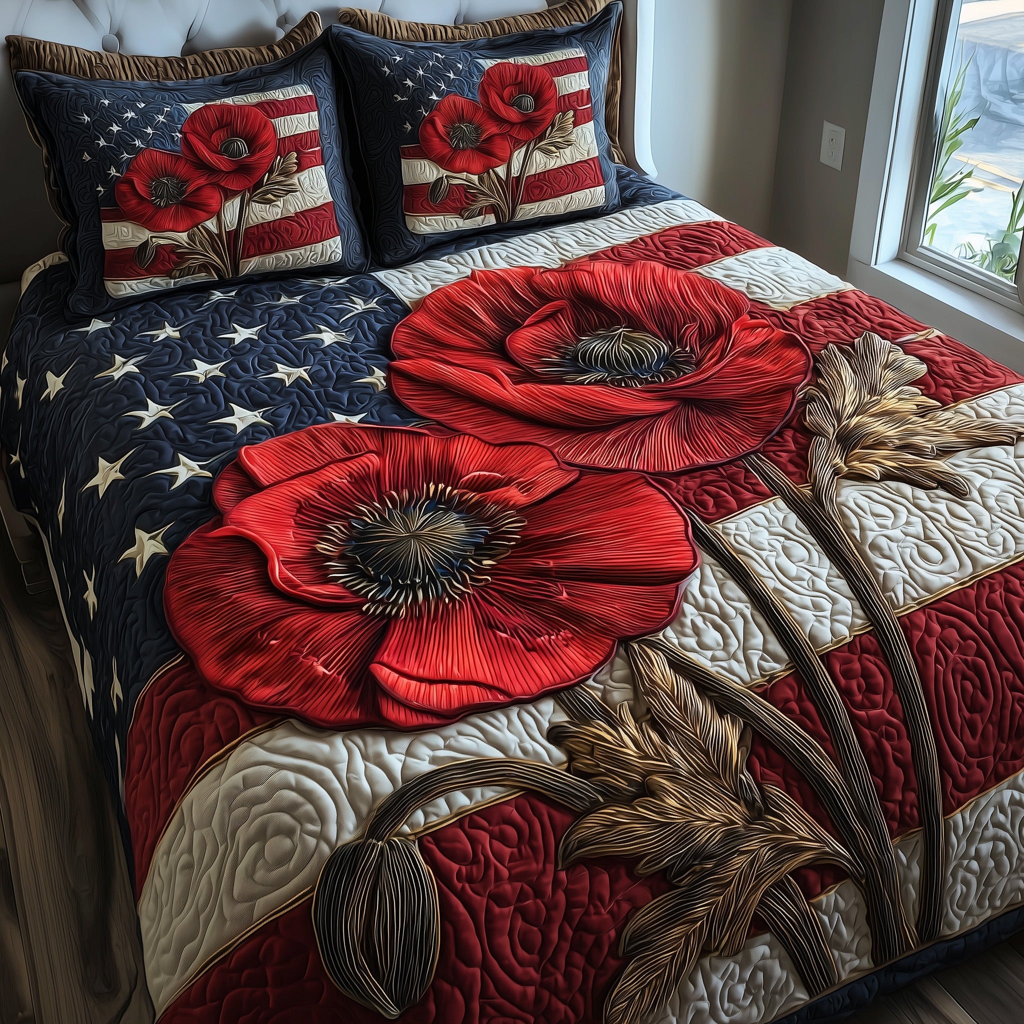 Patriot Poppies Quilted Bedding Set Duvet Cover Bedspread Unique Gift For Girlfriend